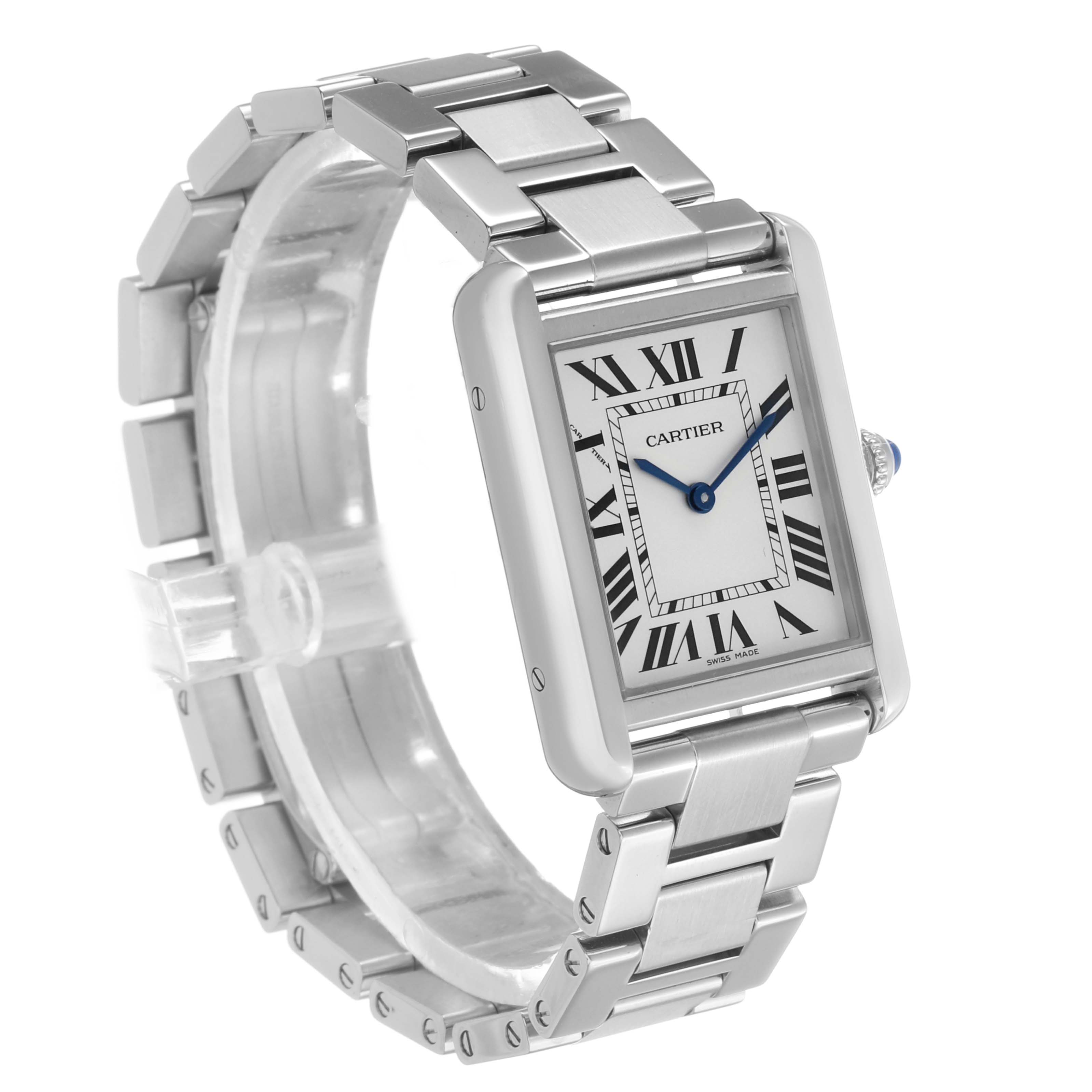The Cartier Tank Solo W5200013 Women's Stainless Steel Silver Dial watch is shown from an angled side view, highlighting its rectangular face, Roman numerals, and metal bracelet.