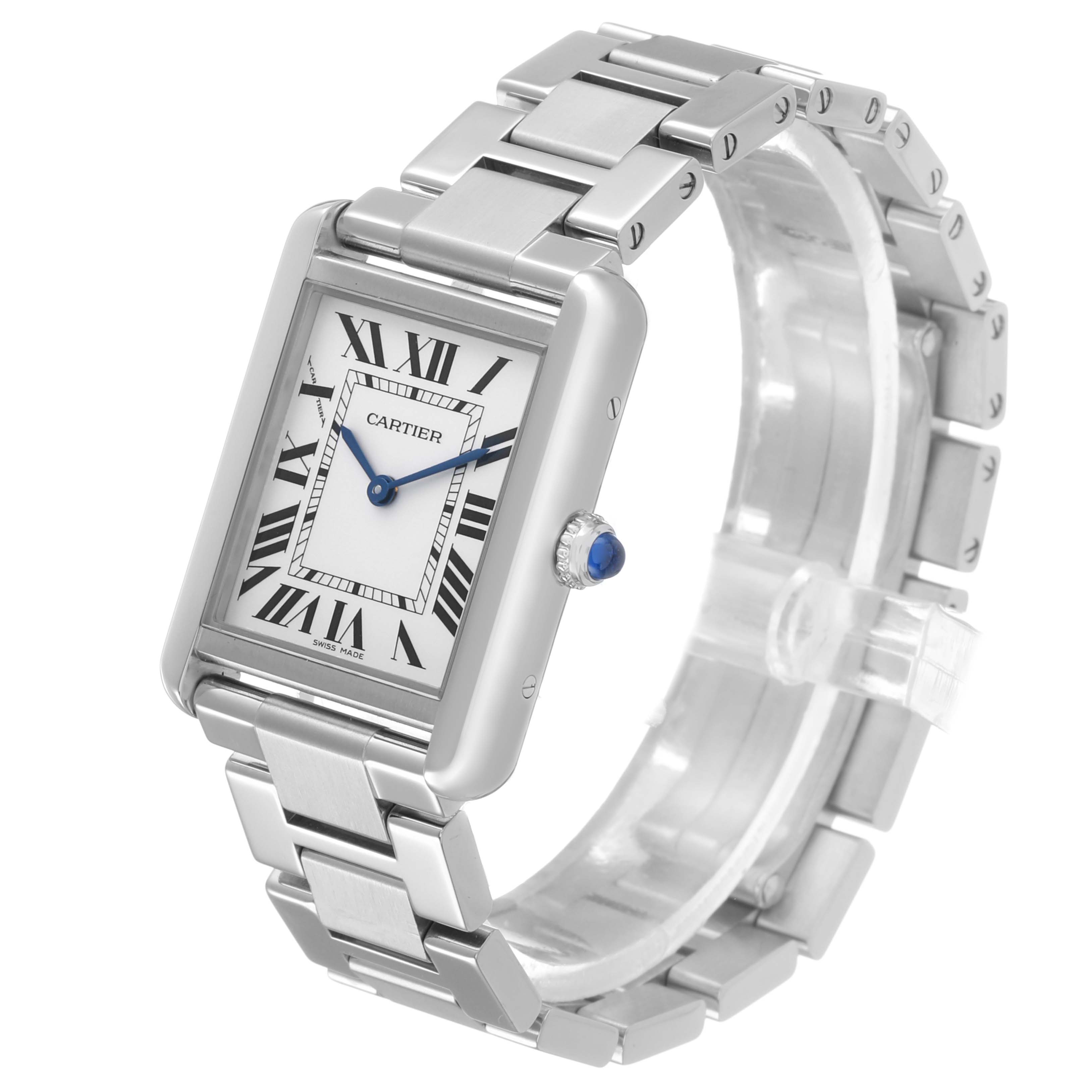 The Cartier Tank Solo W5200013 Women's Stainless Steel Silver Dial watch is shown at an angled view, highlighting its rectangular face, stainless steel bracelet, and crown with a blue cabochon.