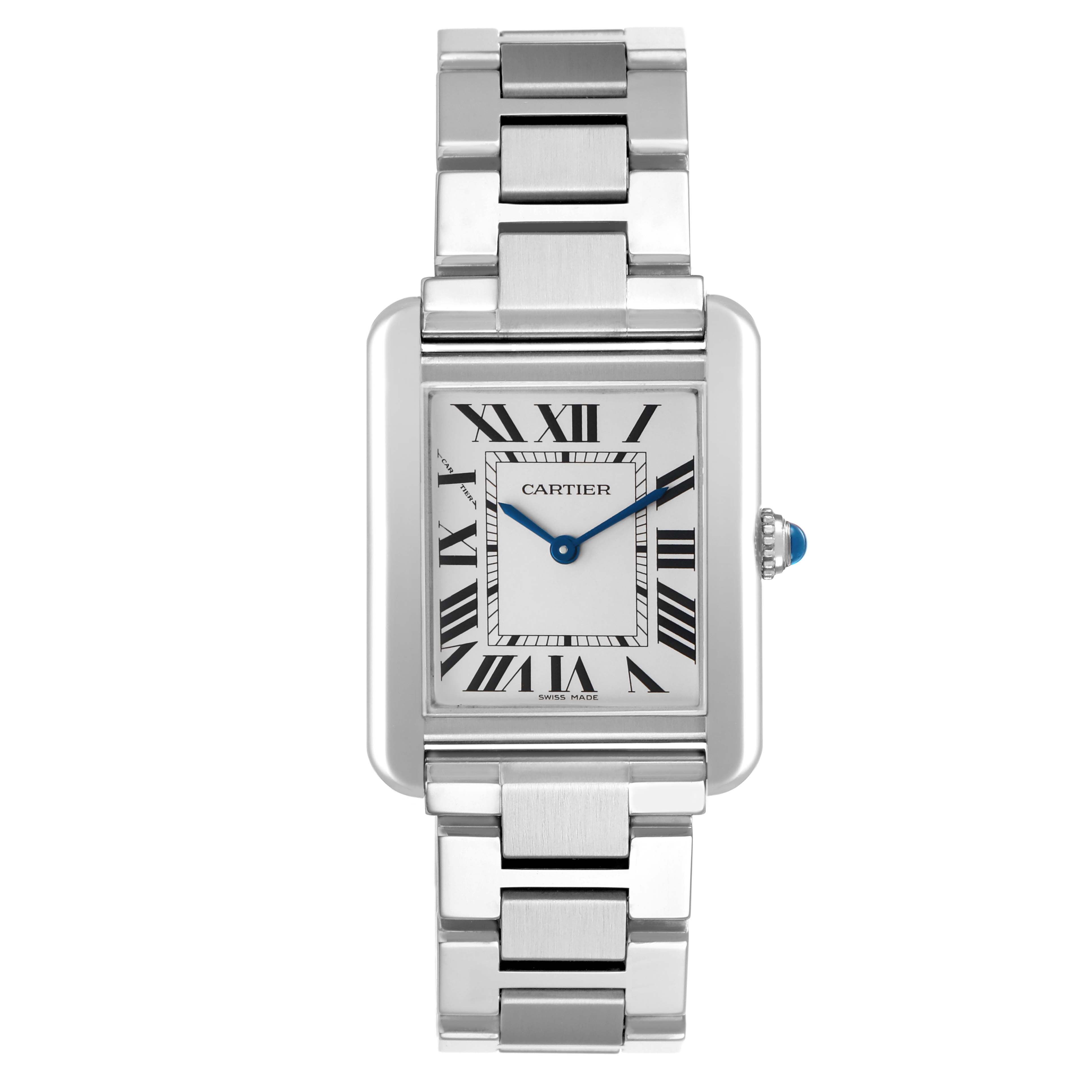 The Cartier Tank Solo W5200013 Women's Stainless Steel Silver Dial watch is shown from a straight-on angle, displaying its face, Roman numerals, blue hands, and metal bracelet.