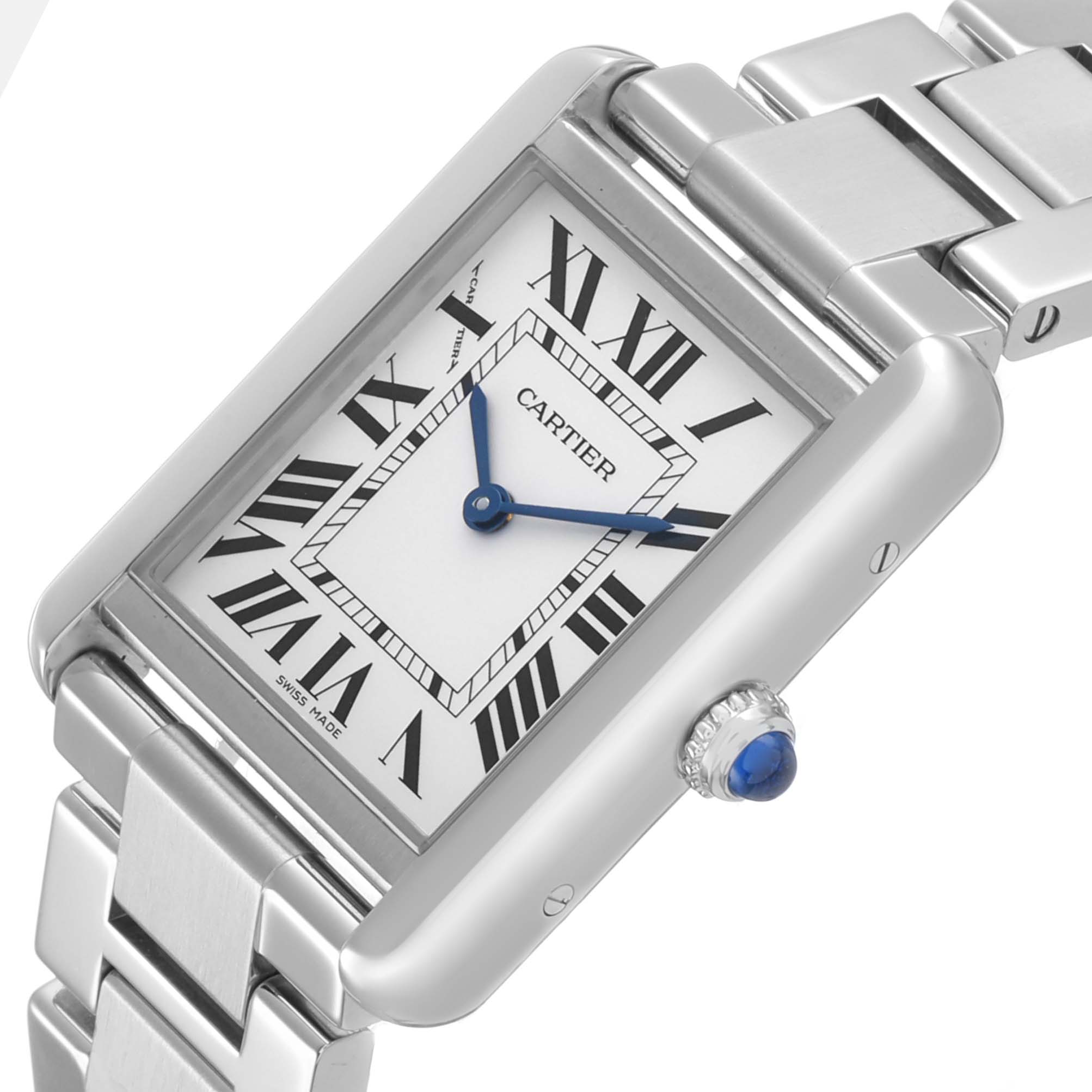 The Cartier Tank Solo W5200013 Women's Stainless Steel Silver Dial watch is shown from an angled view, highlighting the rectangular face, Roman numerals, blue hands, and metal bracelet.
