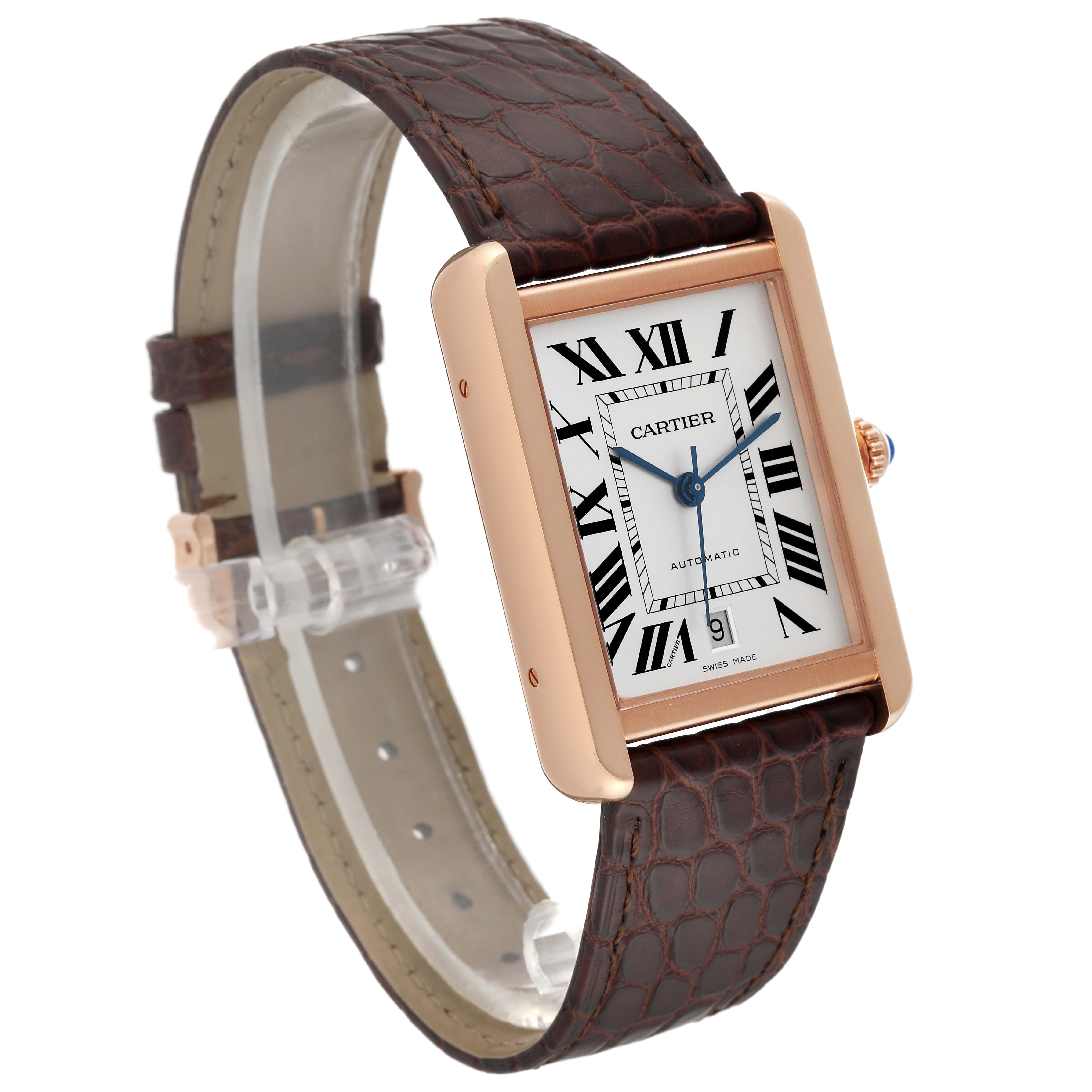The image shows a Cartier Tank Solo W5200026 Men
s Steel and Gold (two tone) Silver Dial W5200026 Men
s Steel and Gold (two tone) Silver Dial watch at an oblique angle, revealing its face, bezel, and strap.