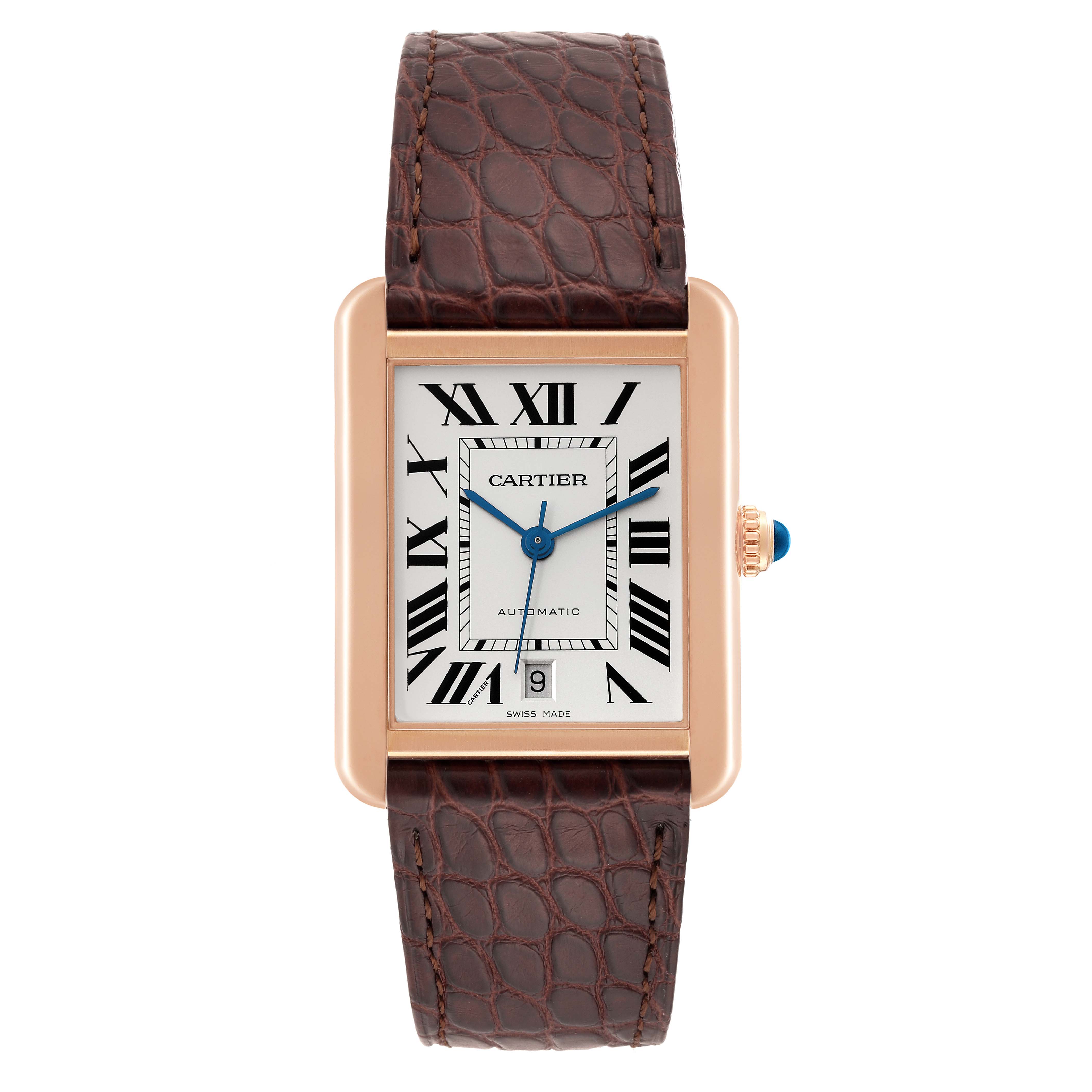 The image shows a front view of the Cartier Tank Solo W5200026 Men
s Steel and Gold (two tone) Silver Dial W5200026 Men
s Steel and Gold (two tone) Silver Dial watch, highlighting its dial, case, and leather strap.