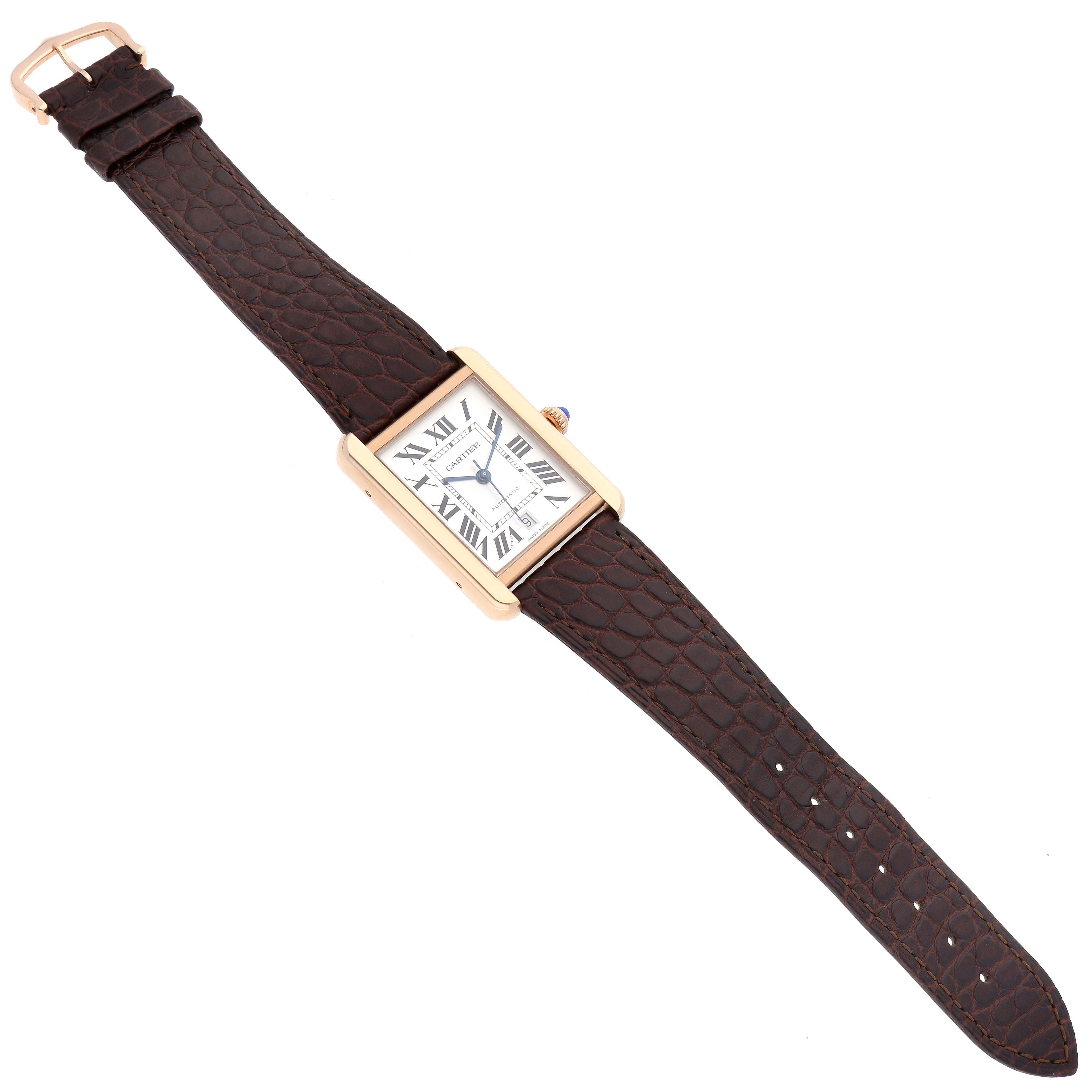 This image shows a top-down view of a Cartier Tank Solo W5200026 Men
s Steel and Gold (two tone) Silver Dial W5200026 Men
s Steel and Gold (two tone) Silver Dial watch, including the face, case, crown, and leather strap.