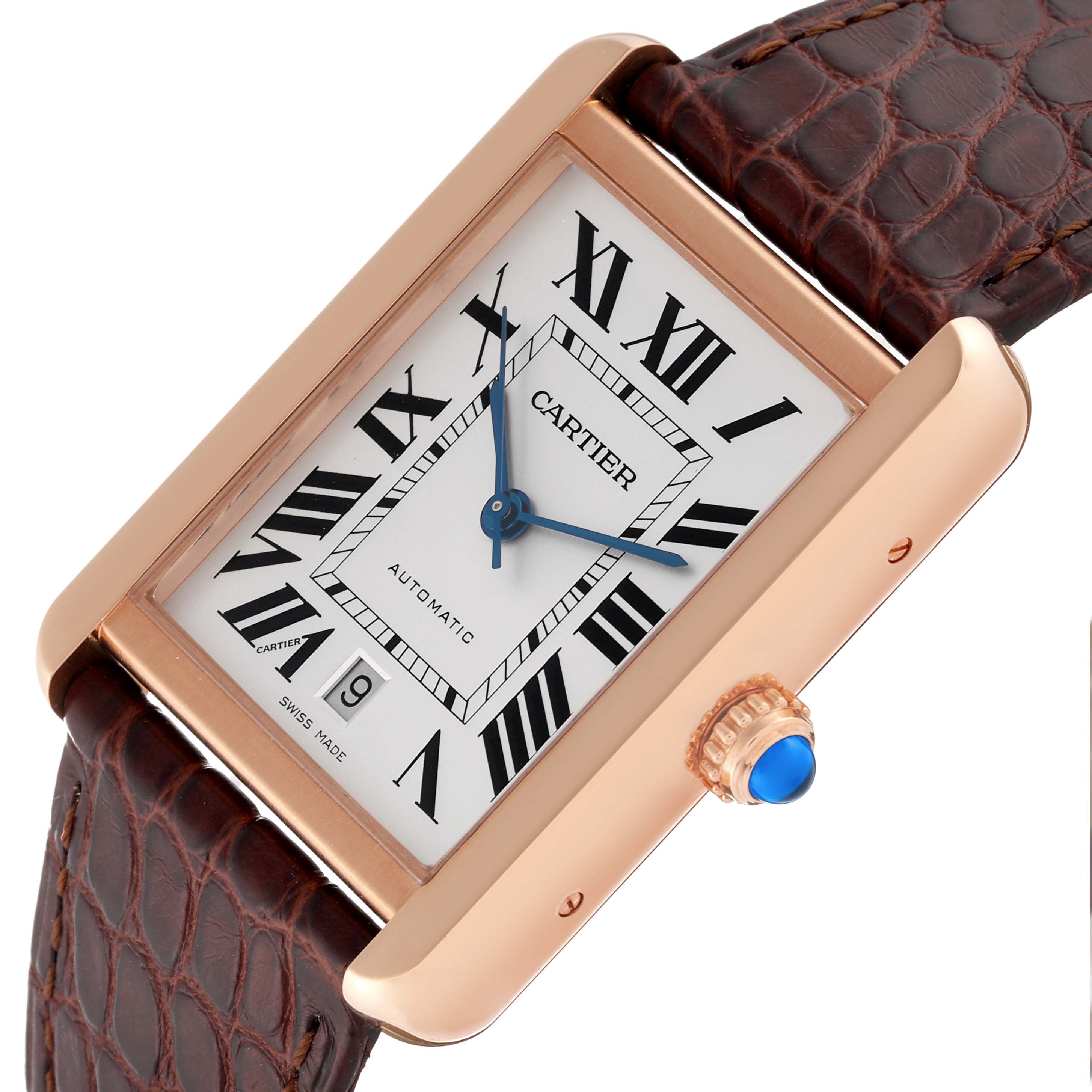 The Cartier Tank Solo W5200026 Men
s Steel and Gold (two tone) Silver Dial W5200026 Men
s Steel and Gold (two tone) Silver Dial watch is shown at an angled close-up, highlighting its rectangular face, Roman numerals, and leather strap.