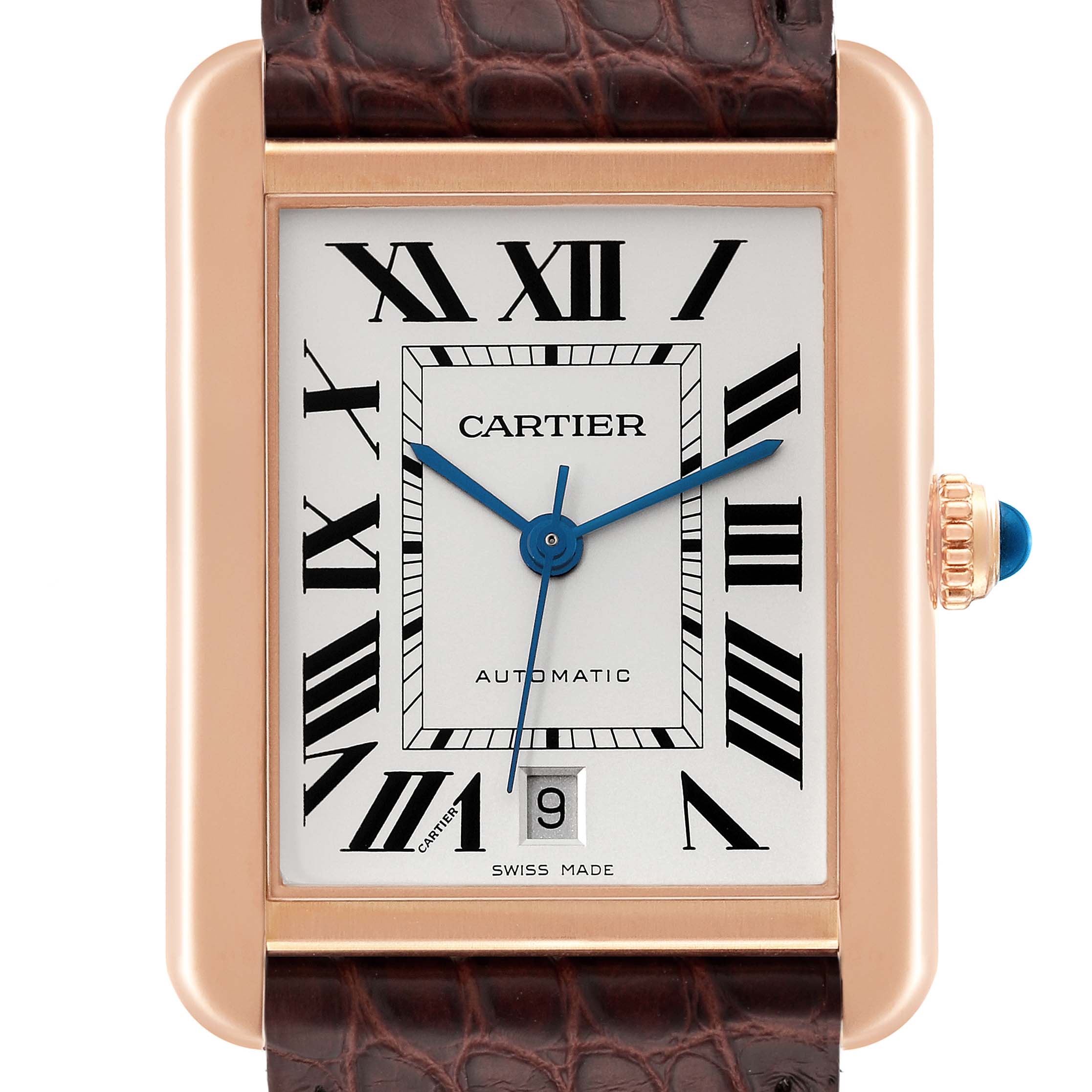 This image shows a close-up, front-facing view of a Cartier Tank Solo W5200026 Men
s Steel and Gold (two tone) Silver Dial W5200026 Men
s Steel and Gold (two tone) Silver Dial watch, highlighting its dial, roman numerals, hands, and date window.