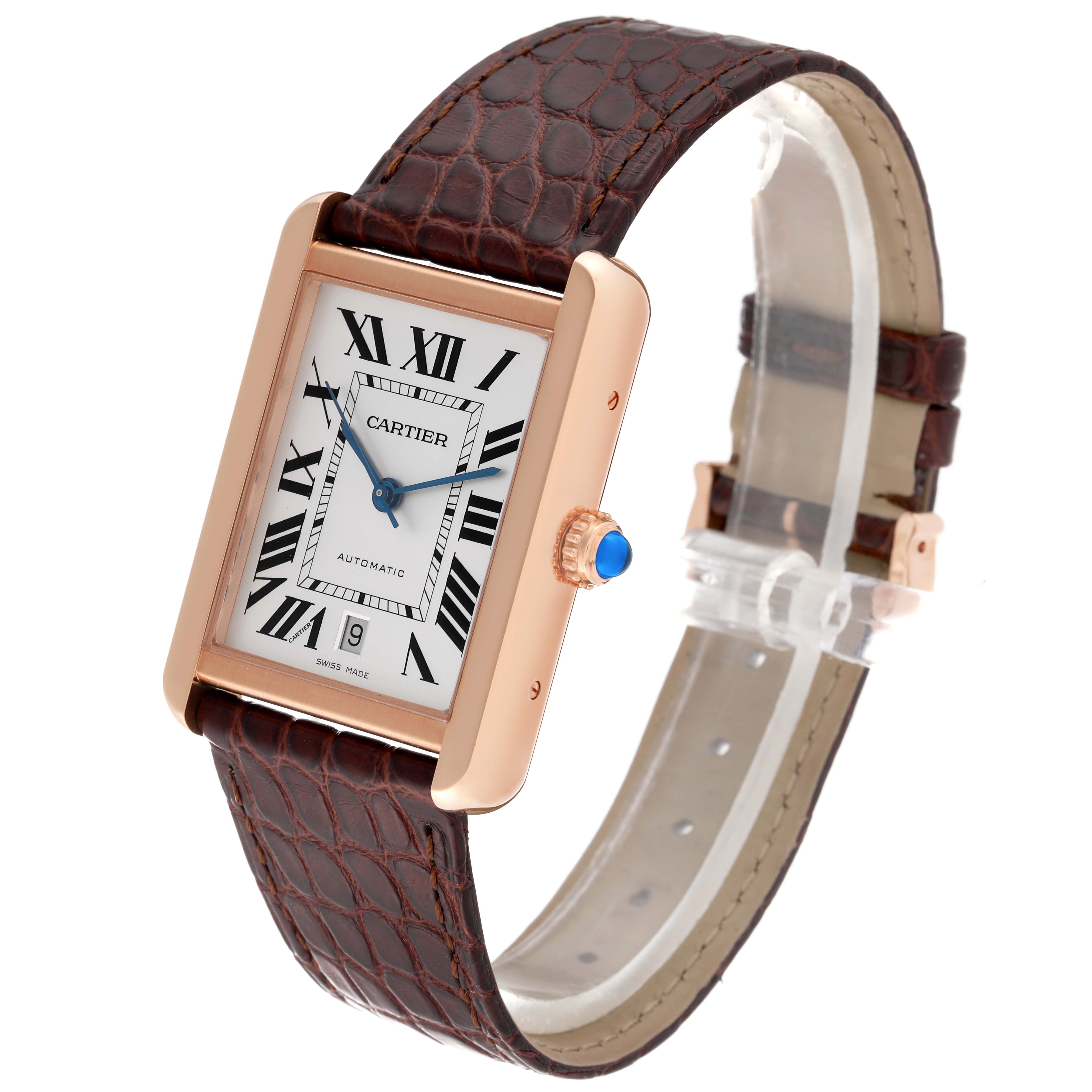 The Cartier Tank Solo W5200026 Men
s Steel and Gold (two tone) Silver Dial W5200026 Men
s Steel and Gold (two tone) Silver Dial watch is shown at an angle displaying the face, side crown, and leather strap.