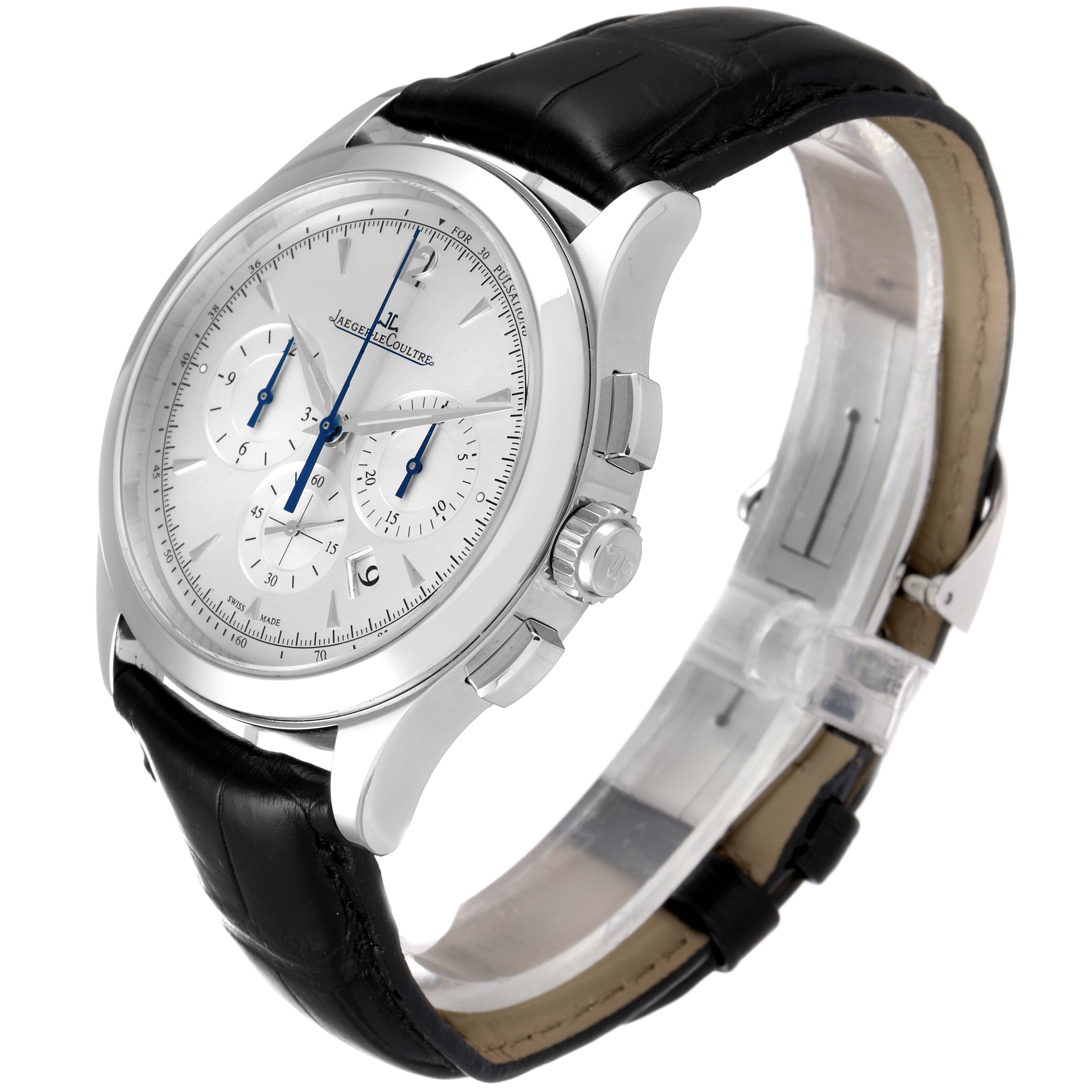 The Jaeger LeCoultre Master Q1538420 Men
s Stainless Steel Silver Dial Q1538420 Men
s Stainless Steel Silver Dial model watch is shown at a three-quarter angle displaying its dial, crown, and chronograph pushers.