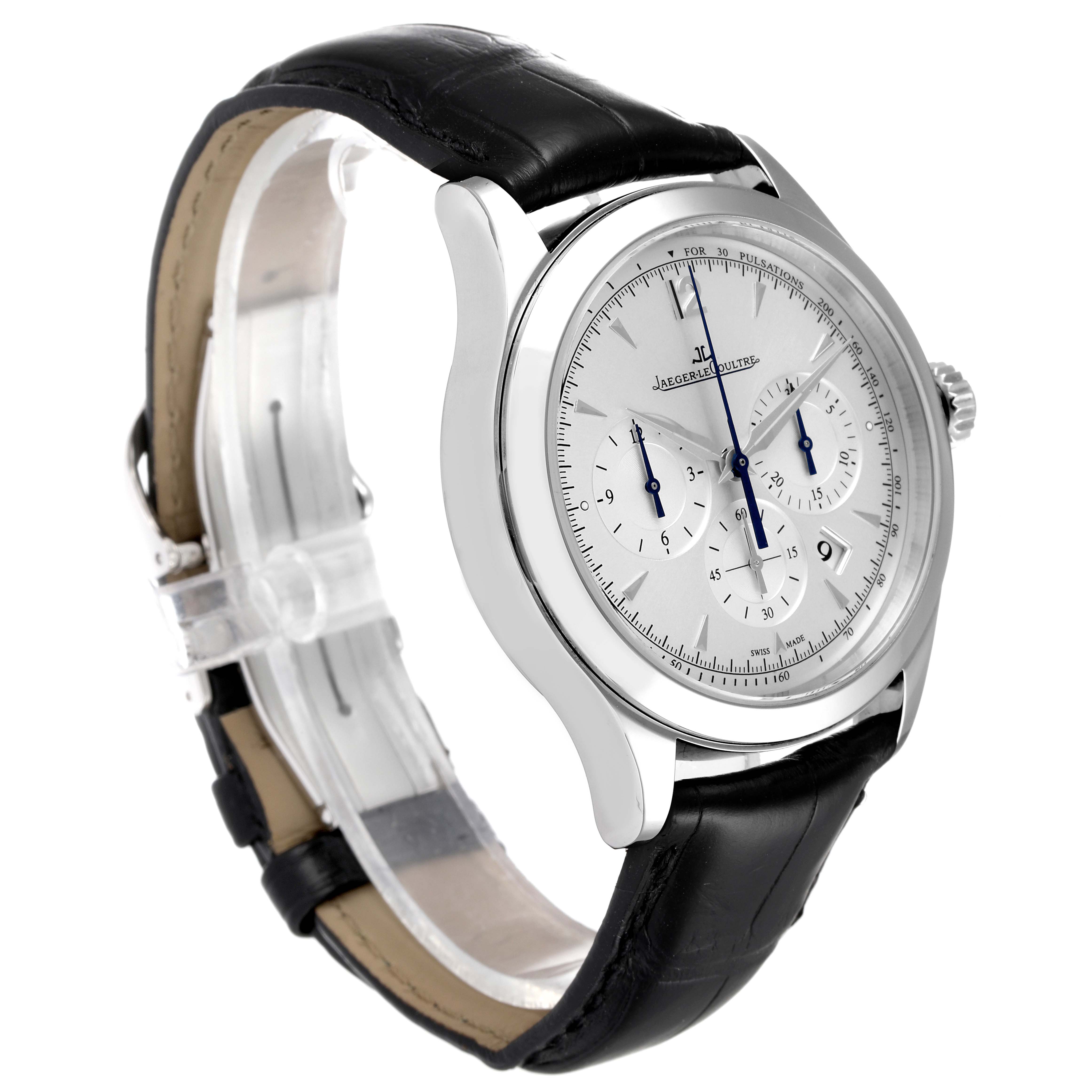 The Jaeger LeCoultre Master Q1538420 Men
s Stainless Steel Silver Dial Q1538420 Men
s Stainless Steel Silver Dial watch is shown at a three-quarter angle, highlighting its face, side case, and black leather strap.