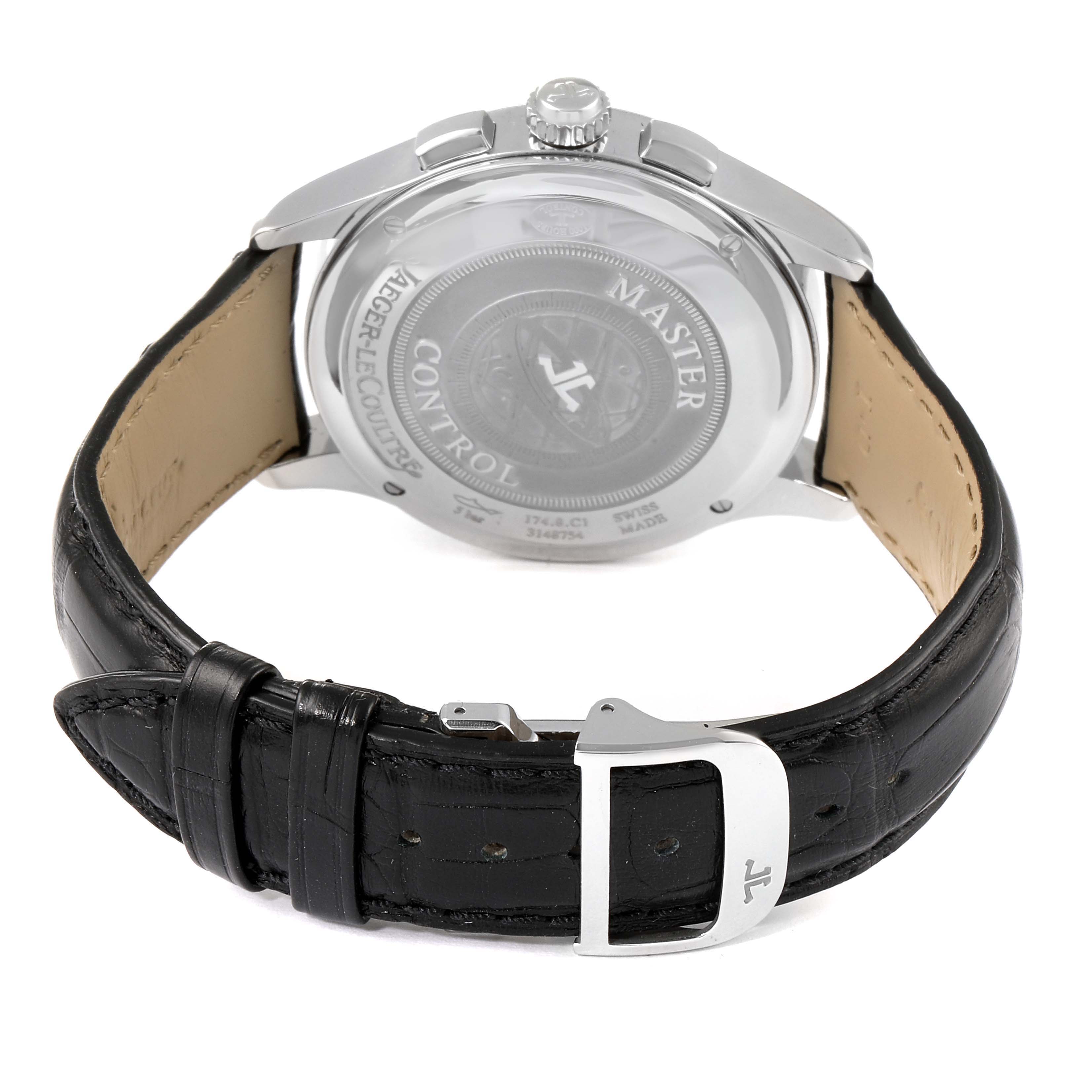 This image shows the back and leather strap of a Jaeger-LeCoultre Master model watch.