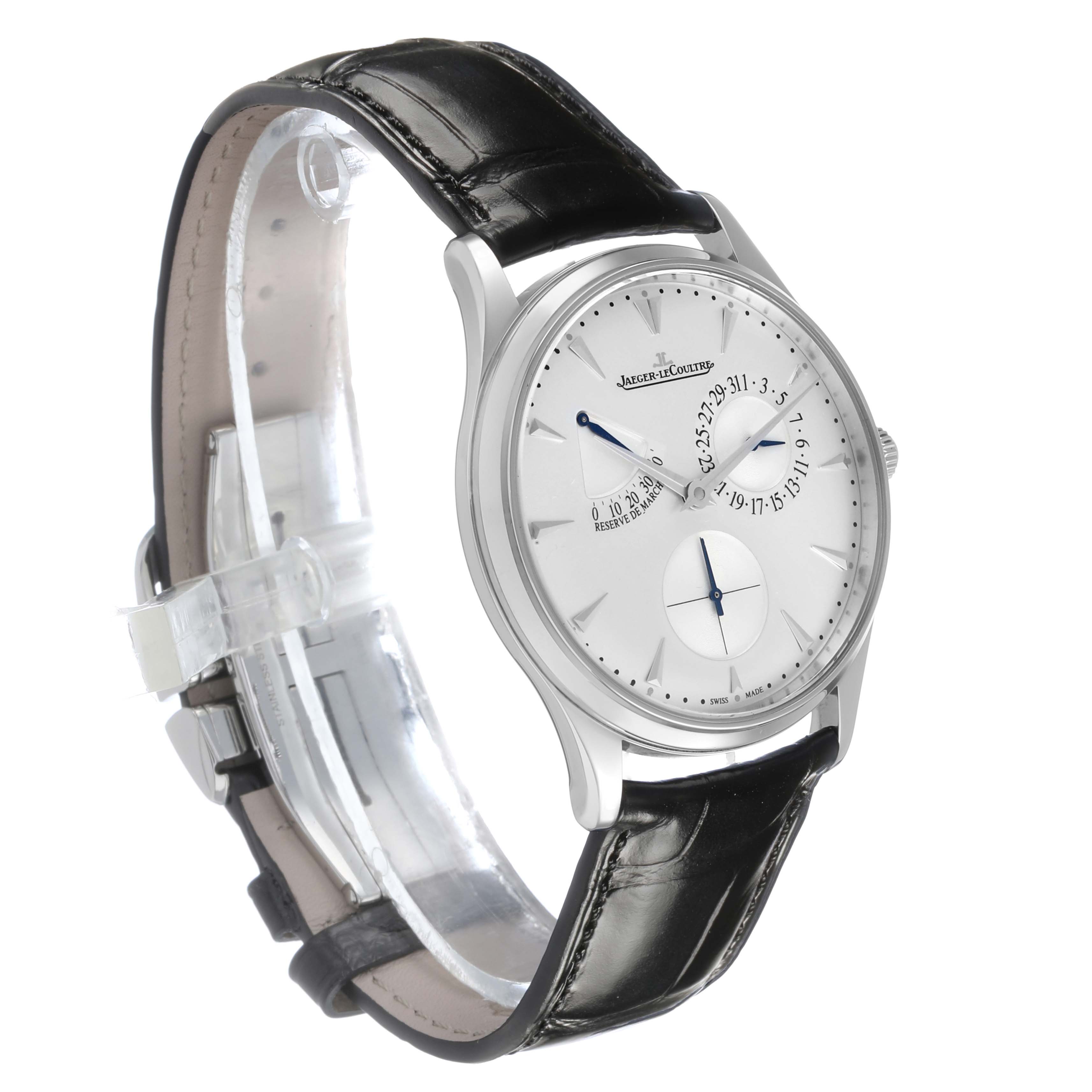The Jaeger LeCoultre Master 176.8.38.S Q1378420 Men's Stainless Steel Silver Dial model watch is shown at a slight side angle, displaying its face, dial, case, and leather strap.