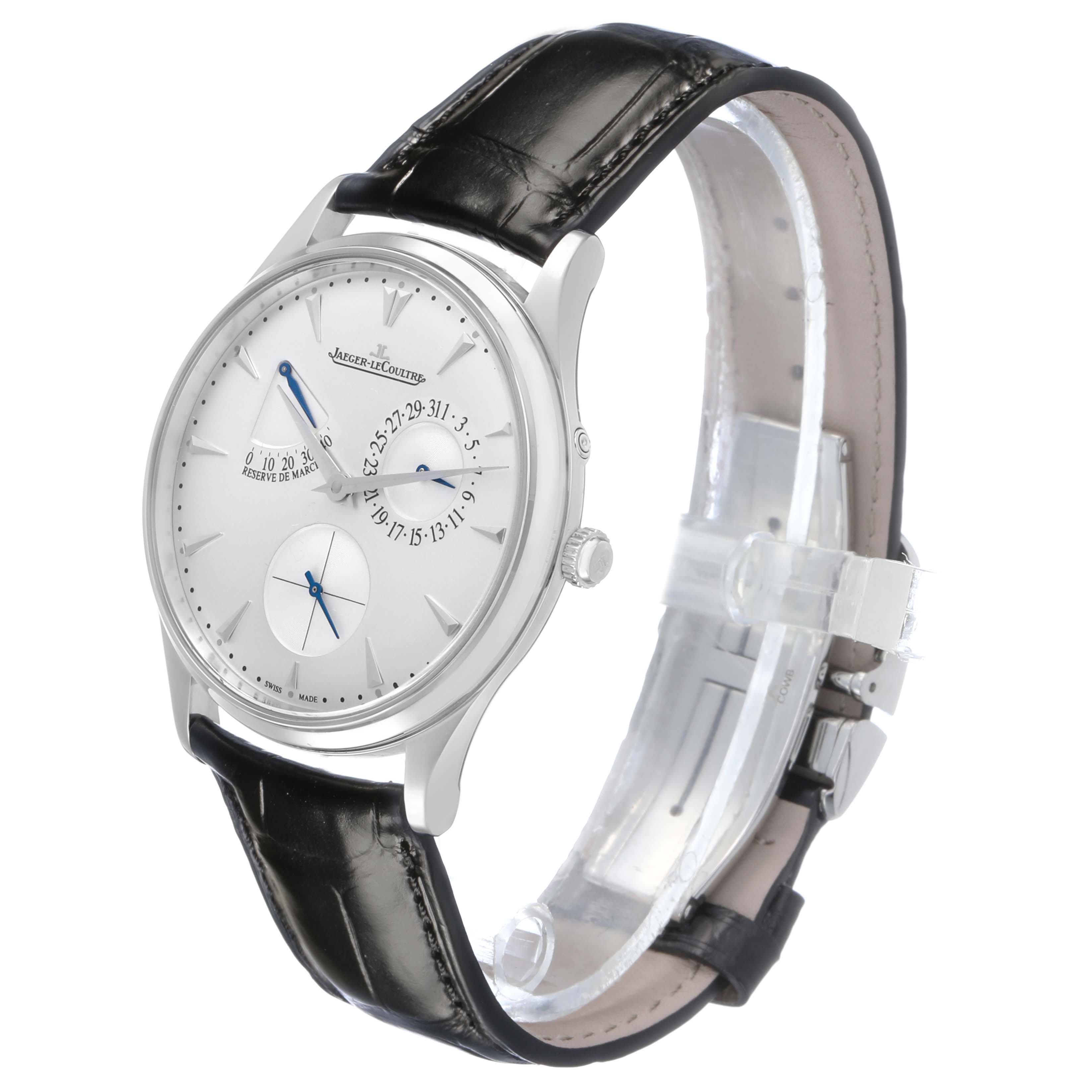 The Jaeger LeCoultre Master 176.8.38.S Q1378420 Men's Stainless Steel Silver Dial model watch is shown from a front-side angle, highlighting the dial, crown, and leather strap.