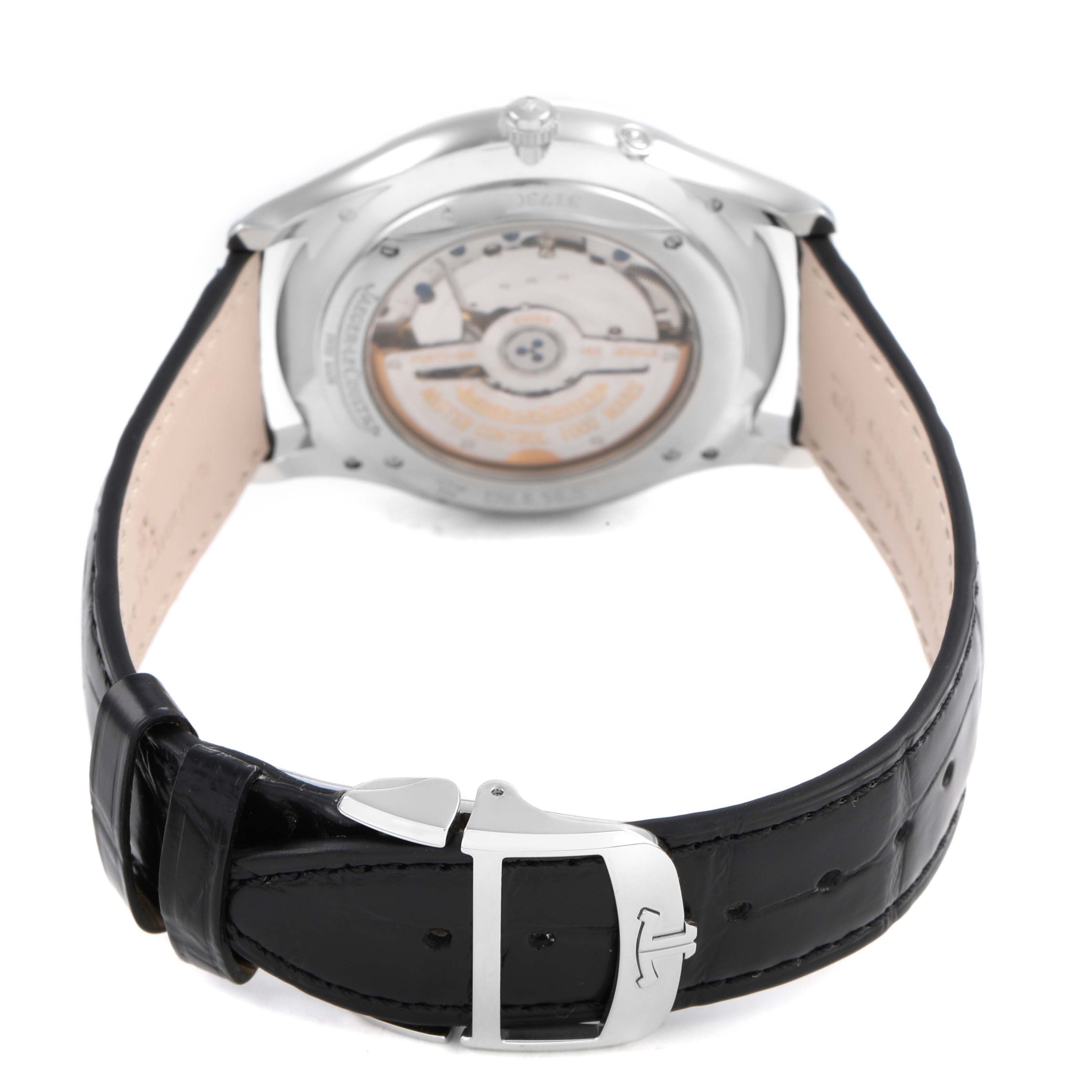 The image shows the Jaeger LeCoultre Master 176.8.38.S Q1378420 Men's Stainless Steel Silver Dial model from the back, highlighting the case back and leather strap with a buckle.