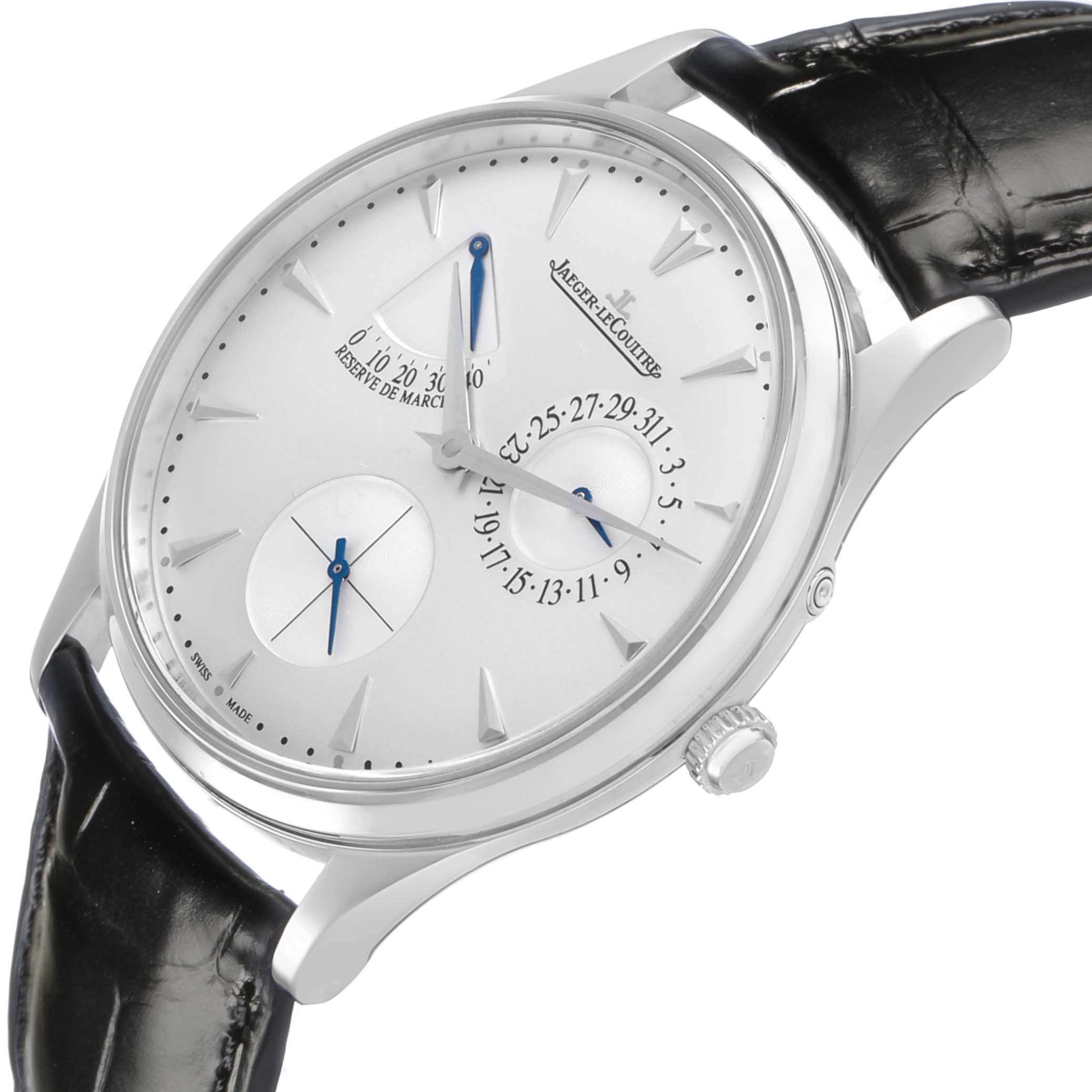 The image shows a Jaeger-LeCoultre Master watch from a side angle, highlighting the dial, case, crown, and strap.