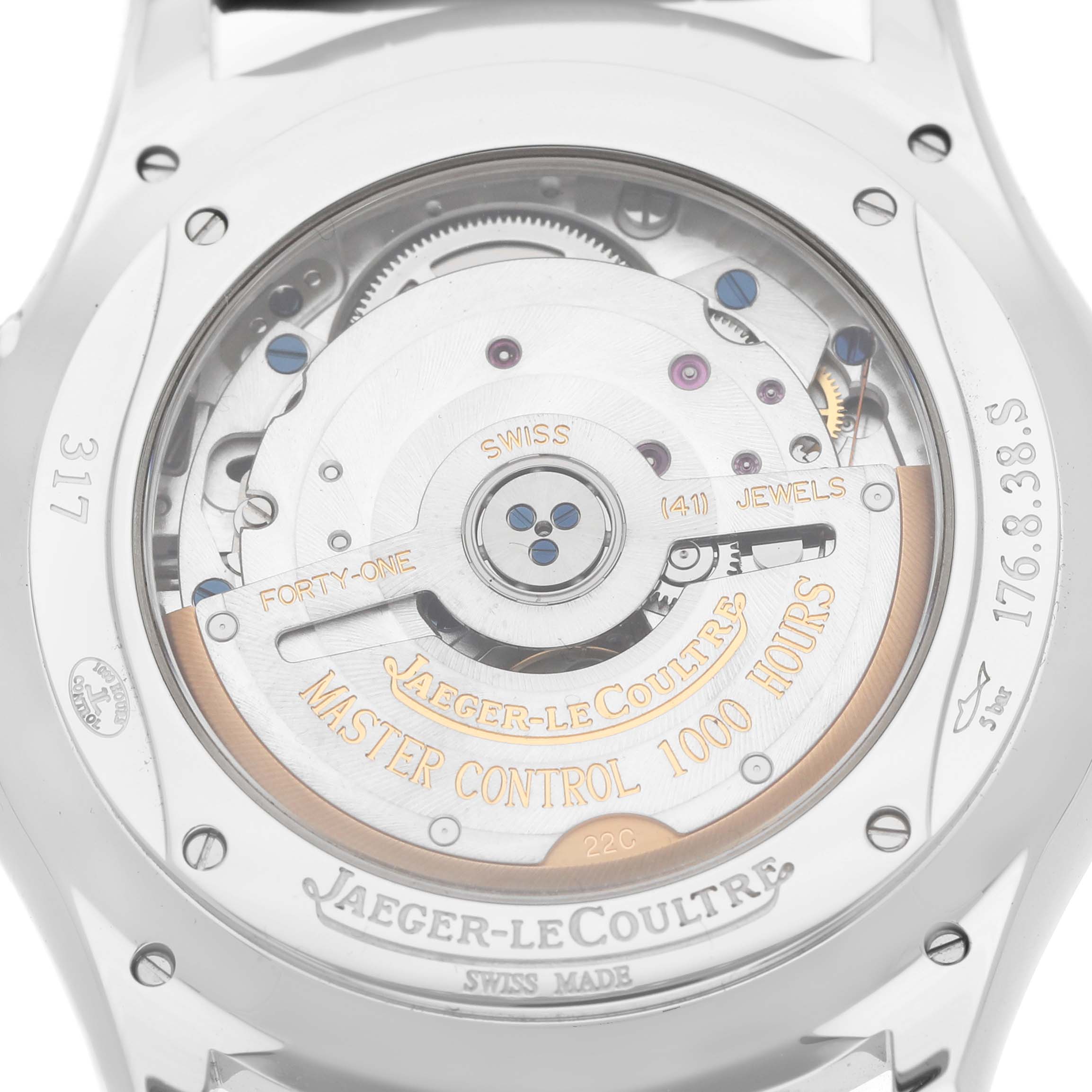 The image shows the back view of the Jaeger LeCoultre Master 176.8.38.S Q1378420 Men's Stainless Steel Silver Dial model, highlighting its movement and rotor.