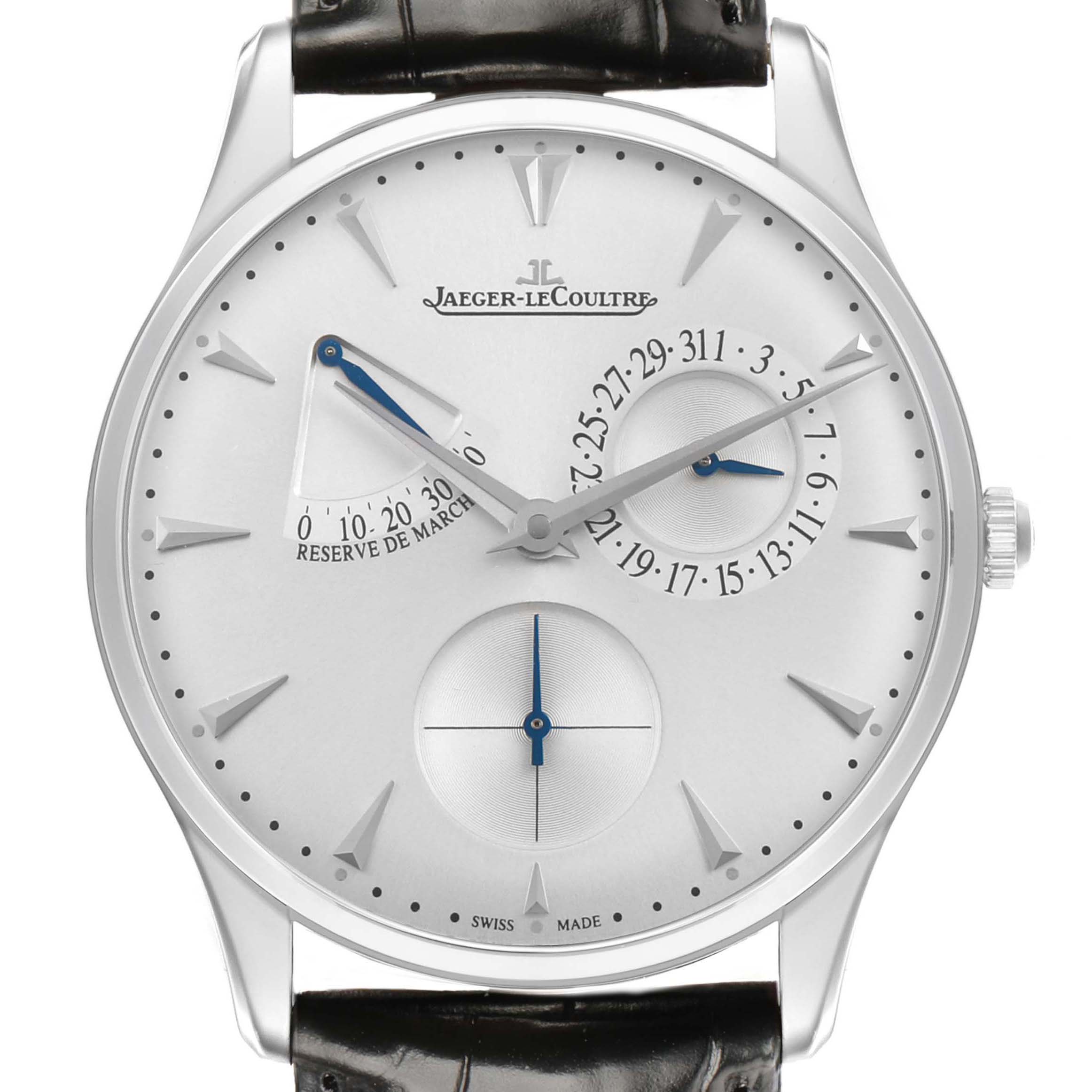 The Jaeger-LeCoultre Master watch is shown from the front, highlighting the dial and subdials.