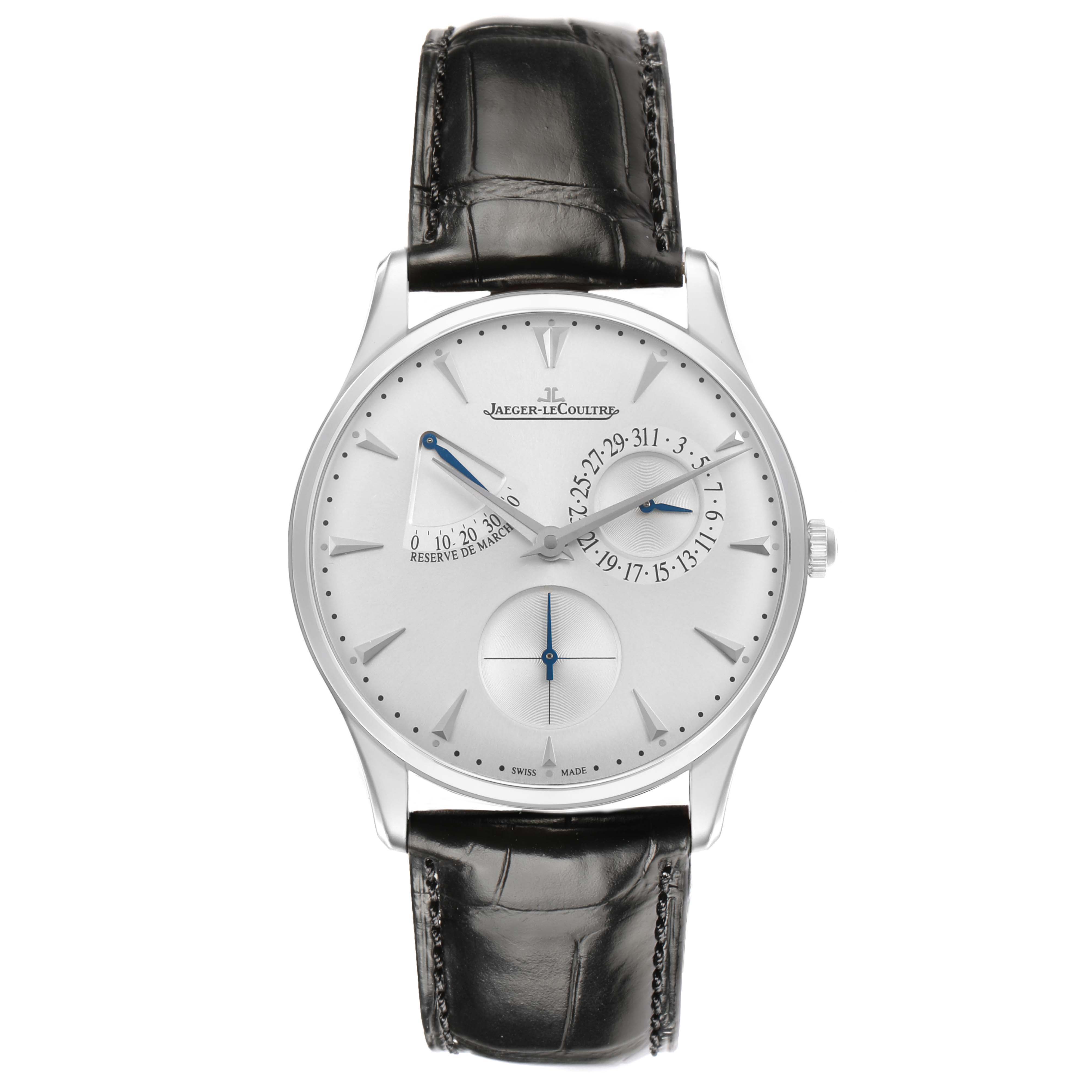 The Jaeger LeCoultre Master 176.8.38.S Q1378420 Men's Stainless Steel Silver Dial watch is shown from a front angle, displaying its dial, hands, and leather strap.