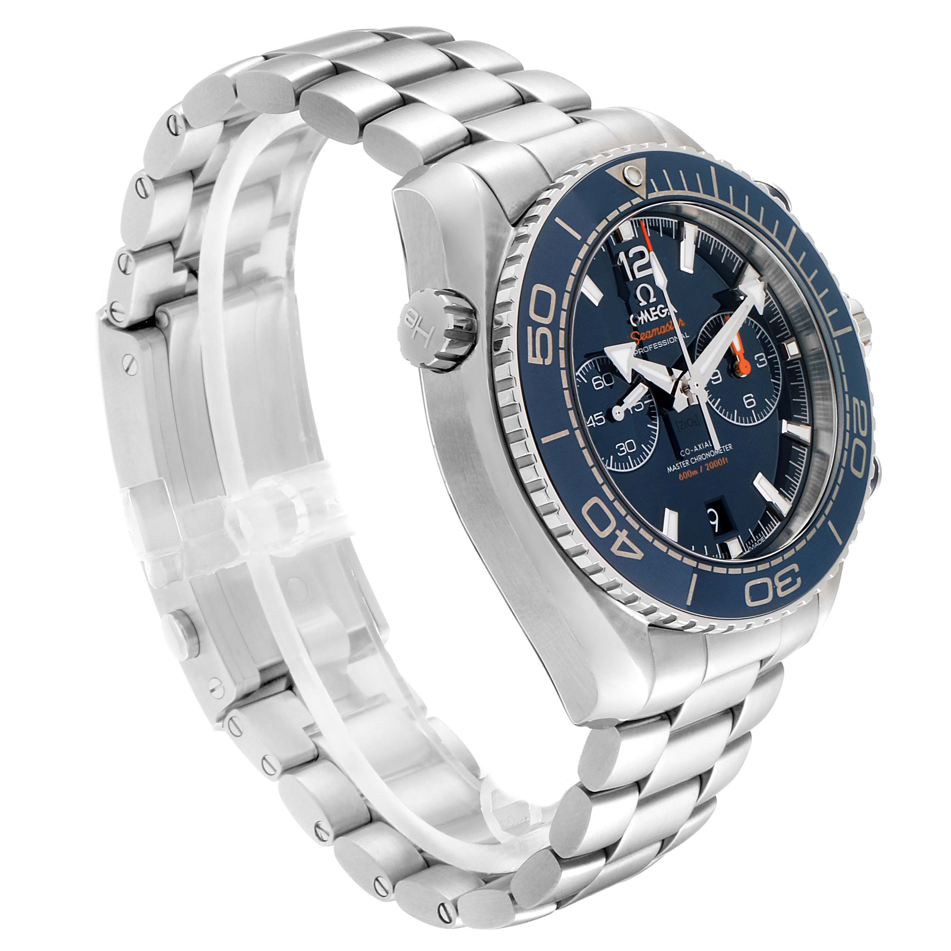 The image shows a side angle of the Omega Planet Ocean 215.30.46.51.03.001 Men
s Stainless Steel Blue Dial 215.30.46.51.03.001 Men
s Stainless Steel Blue Dial watch, highlighting the bracelet, crown, and face with its bezel and dial.