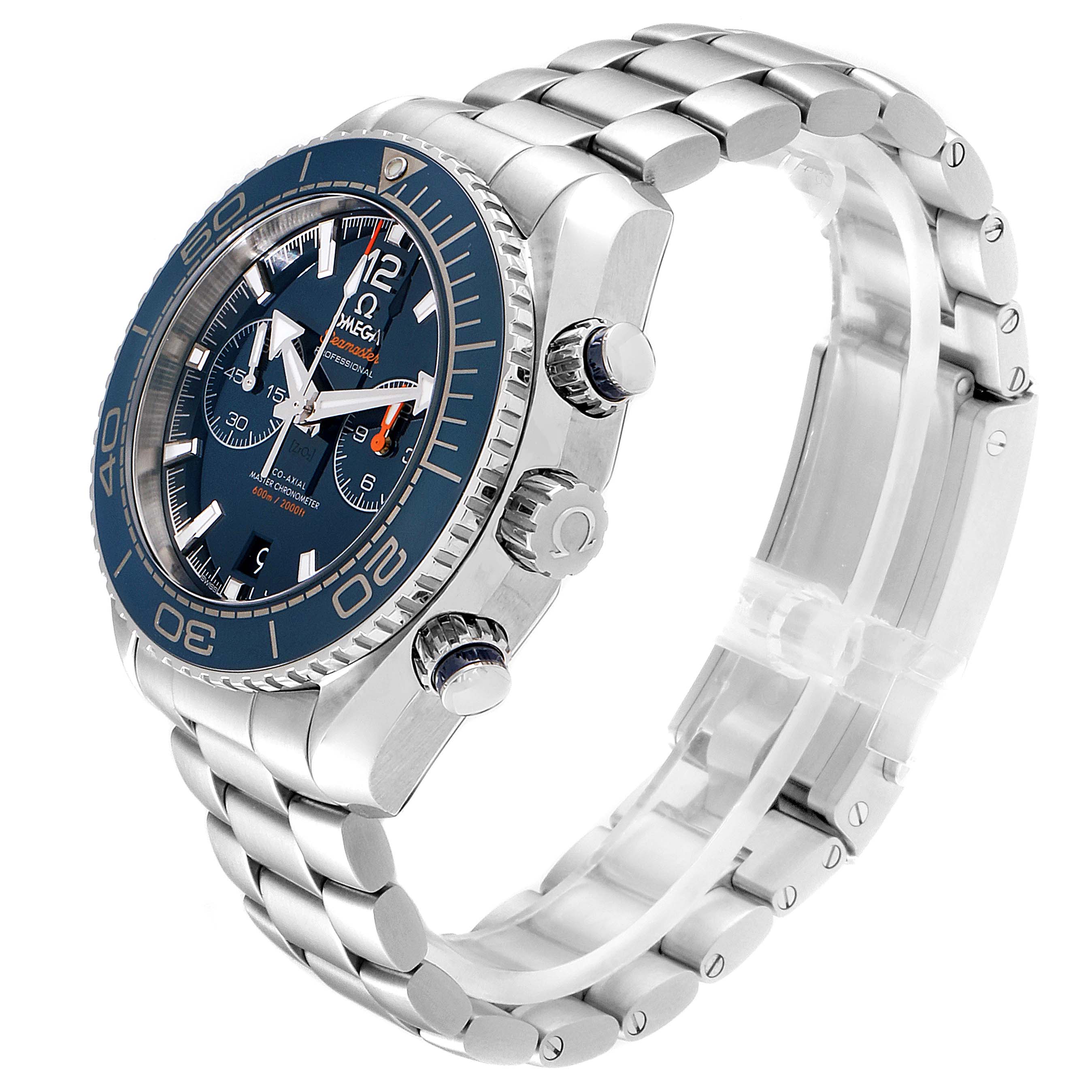 The image shows a side angle of the Omega Planet Ocean 215.30.46.51.03.001 Men
s Stainless Steel Blue Dial 215.30.46.51.03.001 Men
s Stainless Steel Blue Dial watch featuring its dial, bezel, crown, pushers, and bracelet.