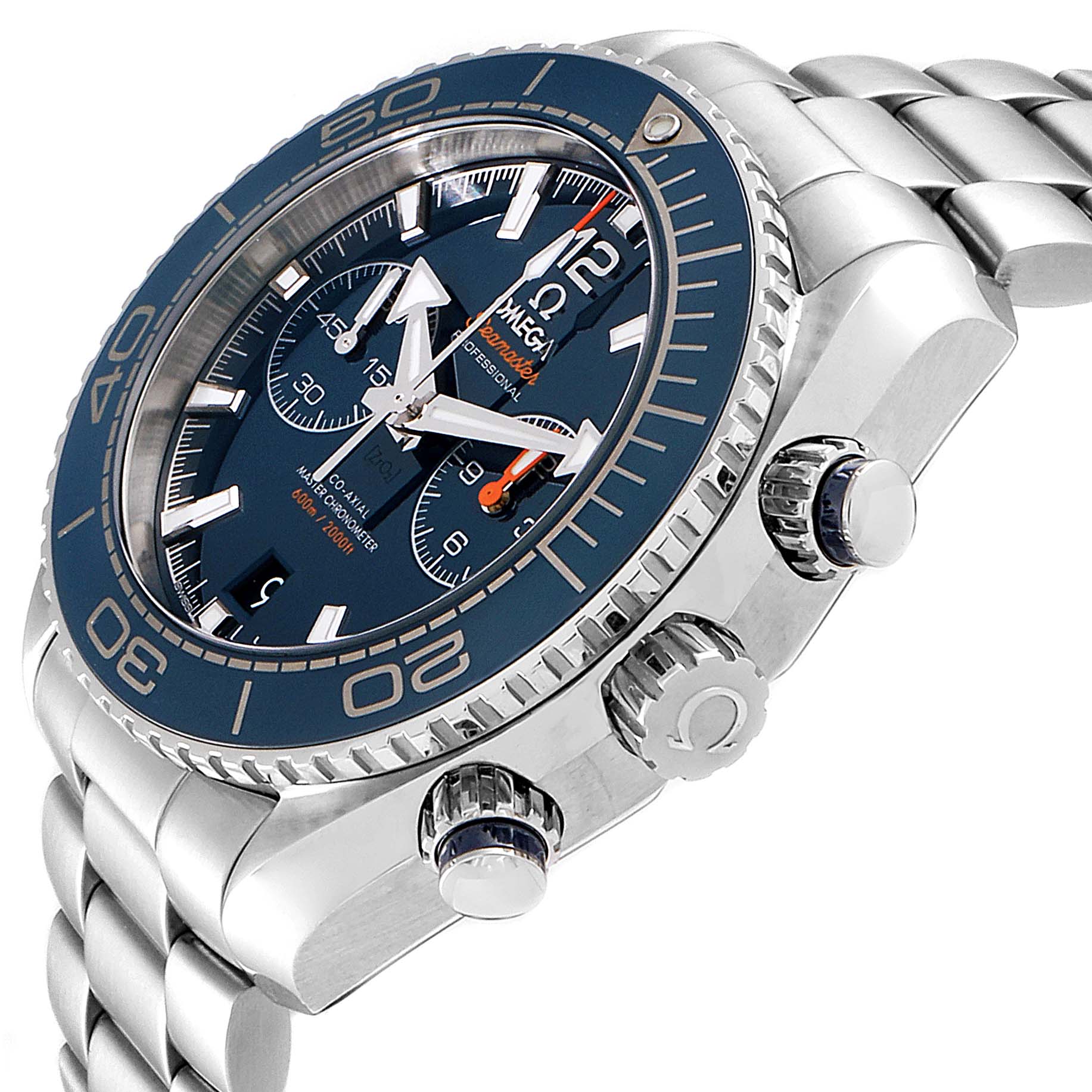 The image shows a side view of the Omega Planet Ocean 215.30.46.51.03.001 Men
s Stainless Steel Blue Dial 215.30.46.51.03.001 Men
s Stainless Steel Blue Dial watch, highlighting the bezel, crown, and bracelet.