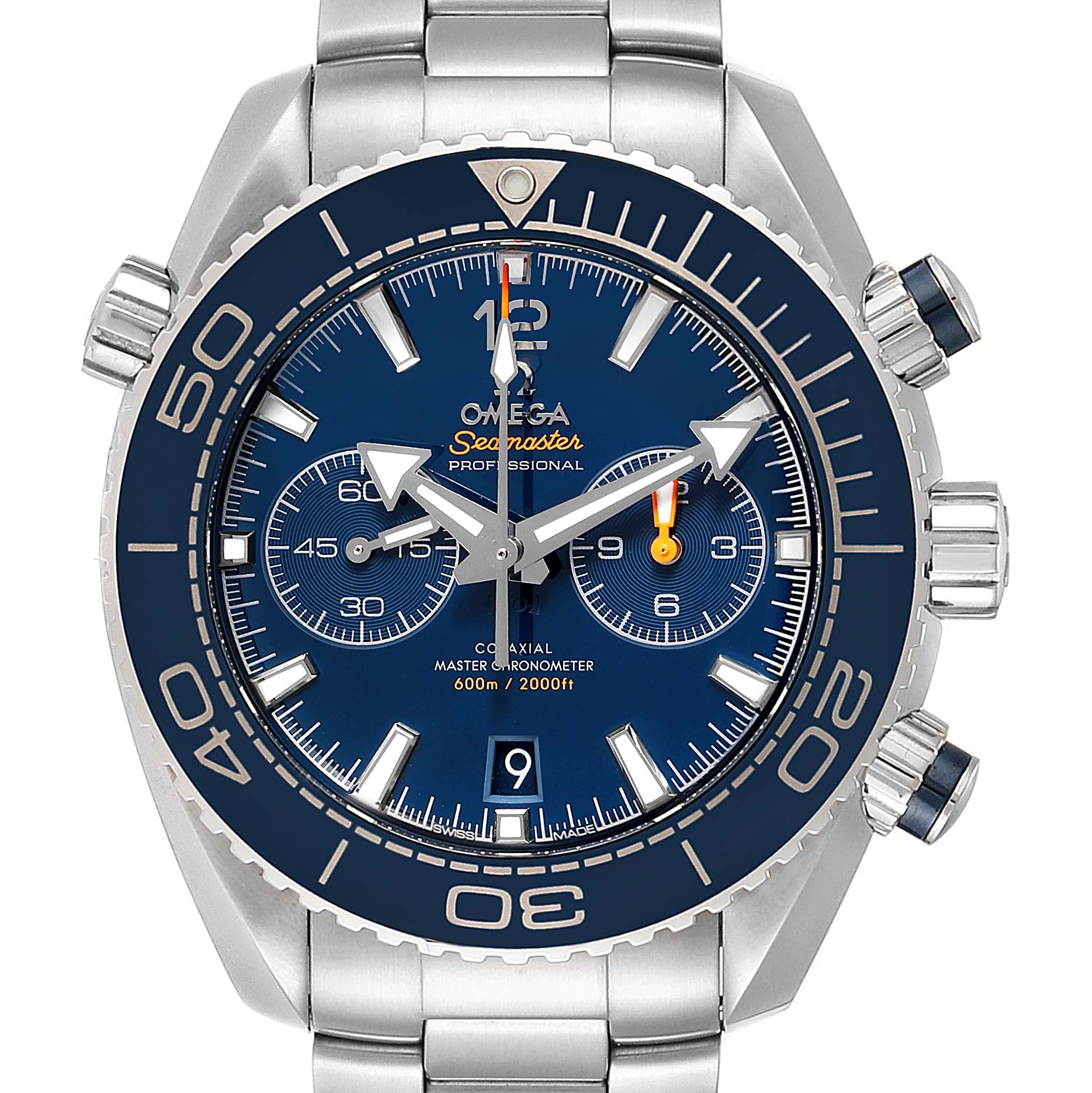 This image shows a front view of the Omega Planet Ocean 215.30.46.51.03.001 Men
s Stainless Steel Blue Dial 215.30.46.51.03.001 Men
s Stainless Steel Blue Dial watch, highlighting its blue dial and bezel, metal bracelet, and chronograph subdials.