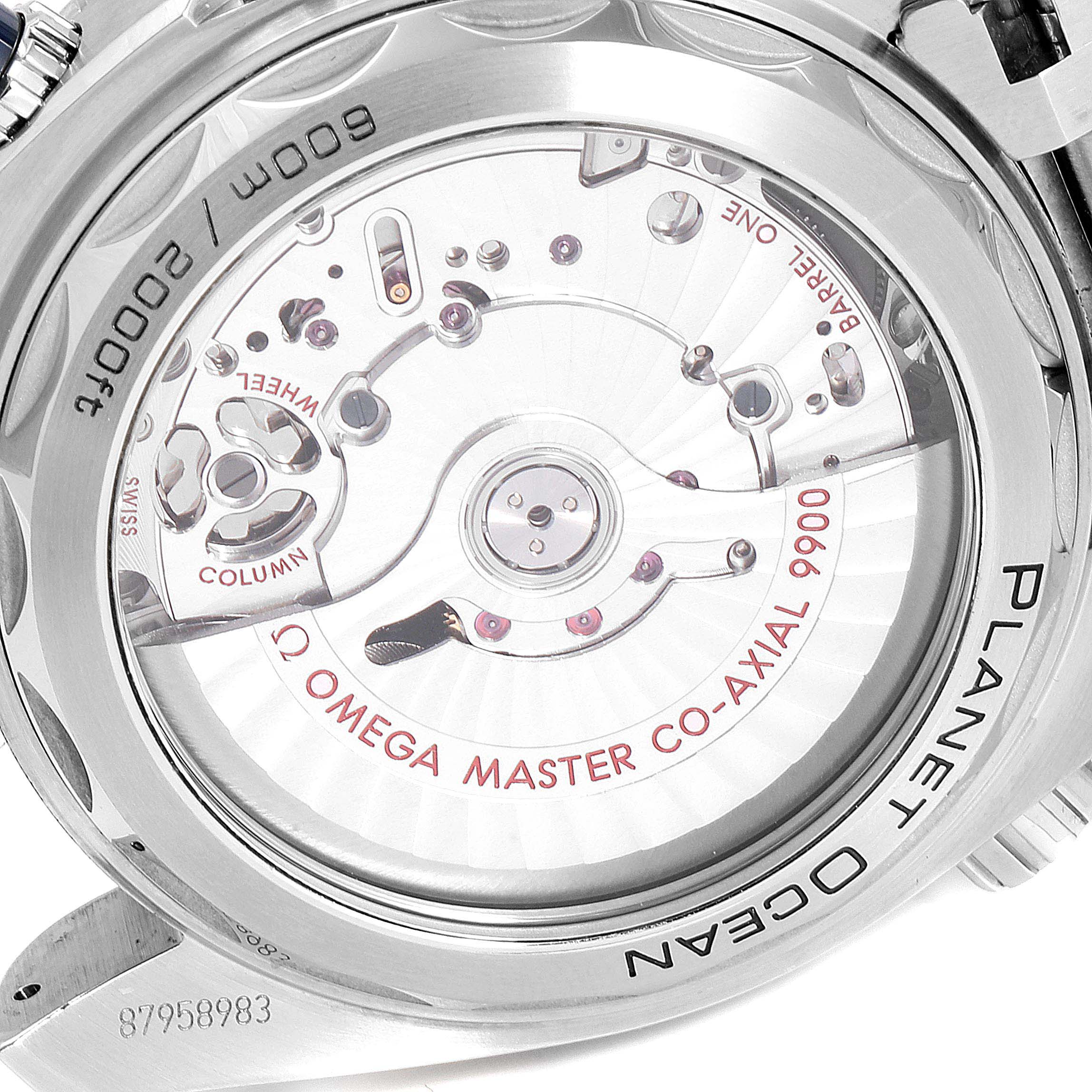 The image shows the back view of the Omega Planet Ocean 215.30.46.51.03.001 Men
s Stainless Steel Blue Dial 215.30.46.51.03.001 Men
s Stainless Steel Blue Dial watch, highlighting the movement and intricate internal components.