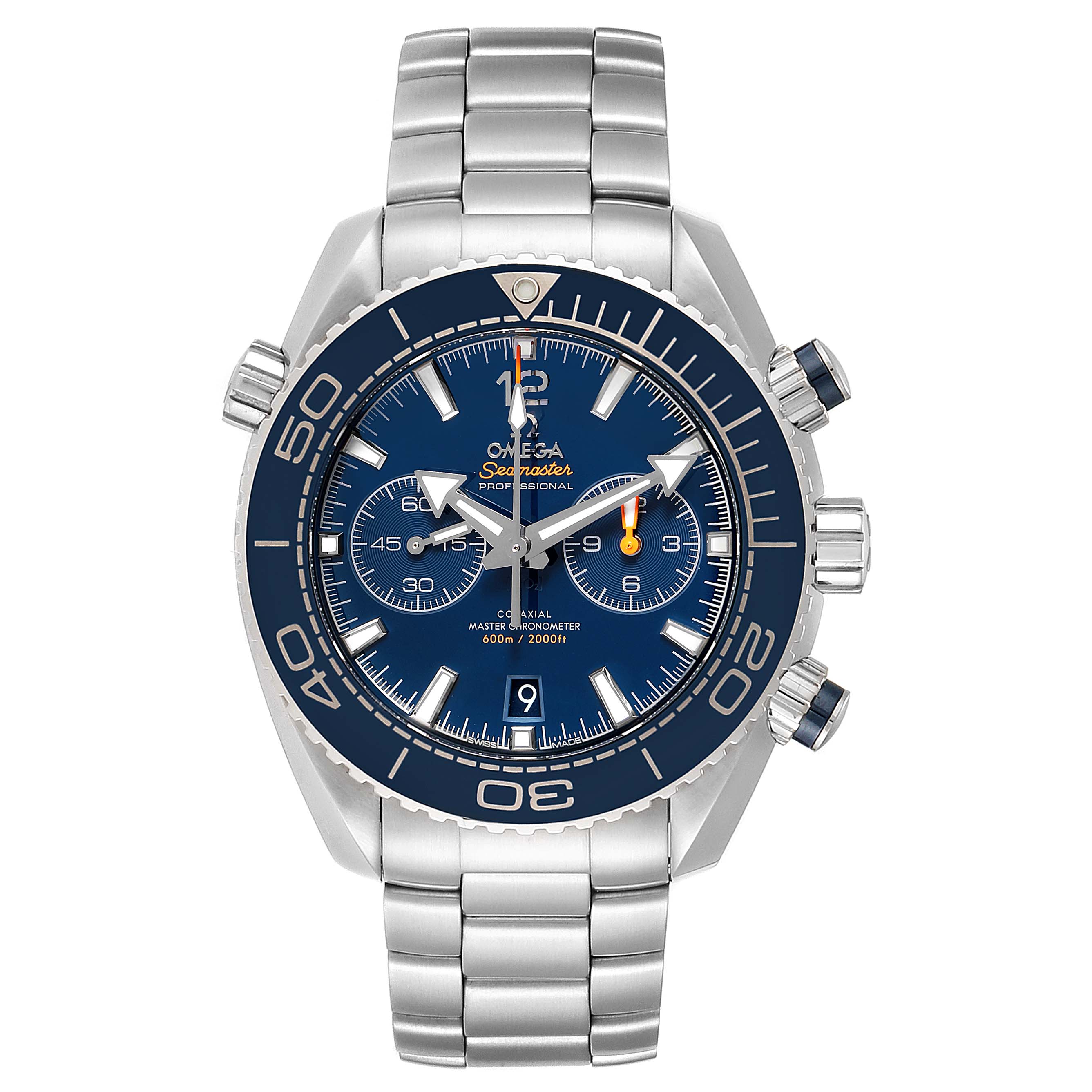 This is a front view of an Omega Planet Ocean 215.30.46.51.03.001 Men
s Stainless Steel Blue Dial 215.30.46.51.03.001 Men
s Stainless Steel Blue Dial watch, showcasing its blue dial, bezel, and stainless steel bracelet.