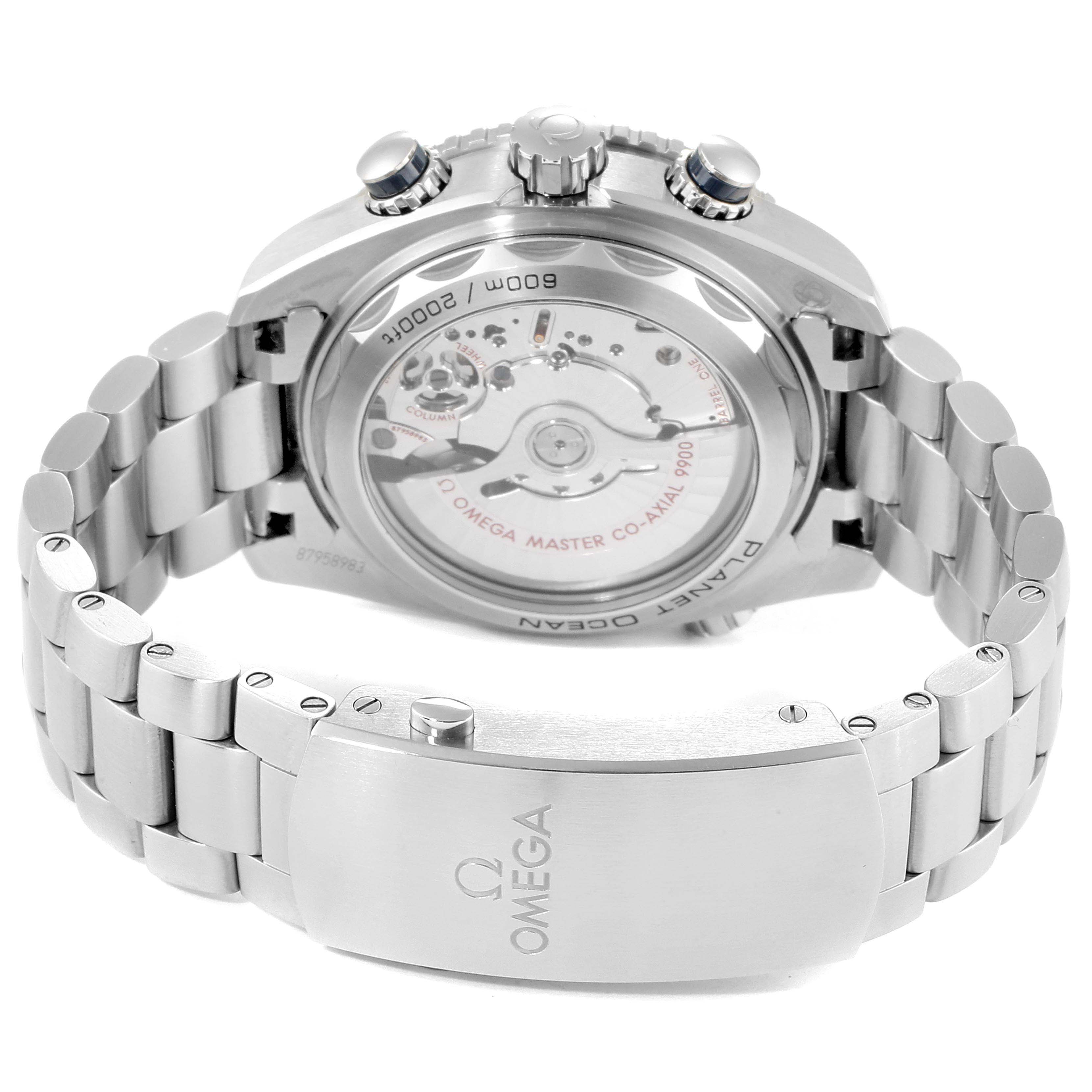 The image shows the back view of the Omega Planet Ocean 215.30.46.51.03.001 Men
s Stainless Steel Blue Dial 215.30.46.51.03.001 Men
s Stainless Steel Blue Dial watch, highlighting its case back, bracelet, and clasp.