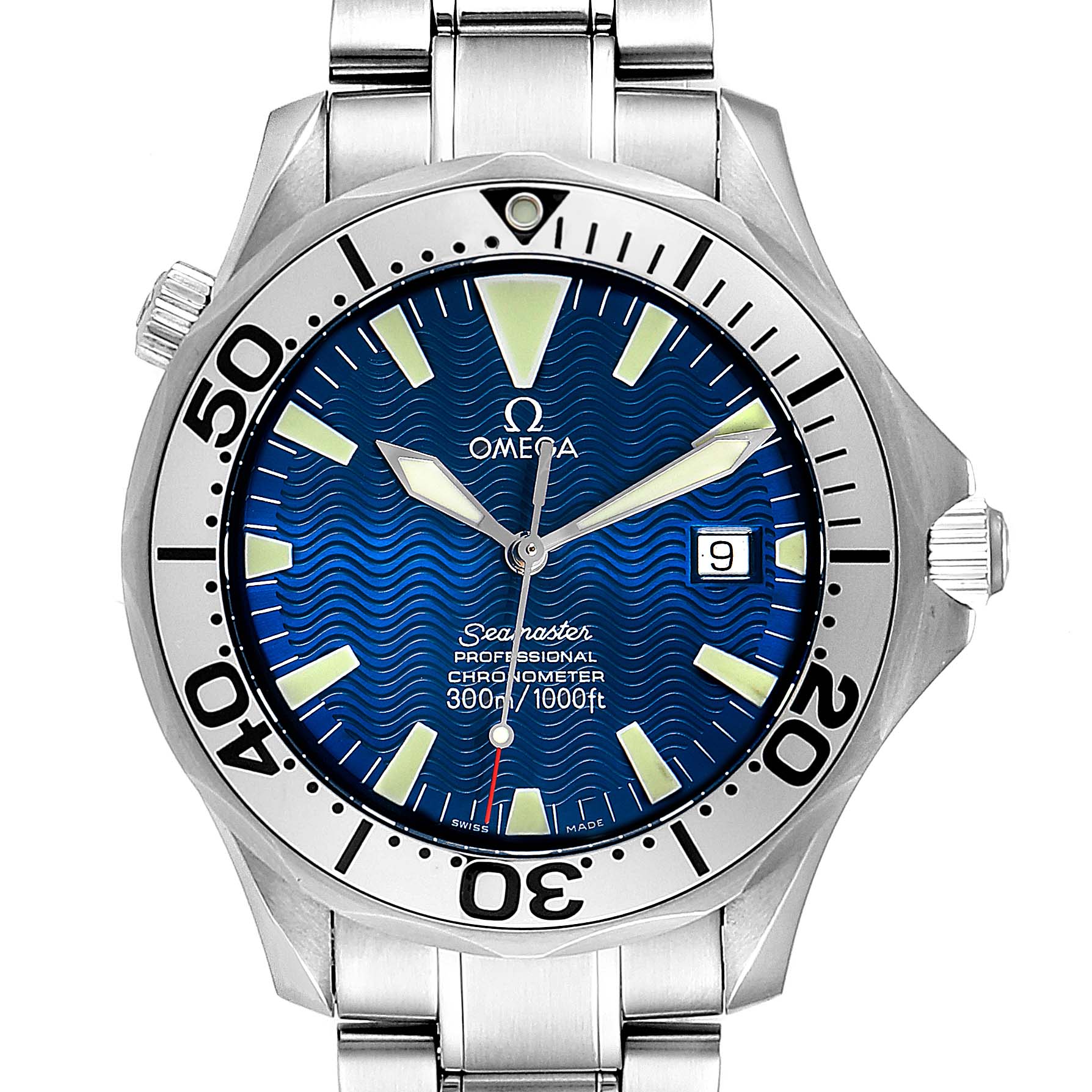 The image shows a frontal view of the Omega Seamaster 2255.80.00 Men
s Stainless Steel Blue Dial 2255.80.00 Men
s Stainless Steel Blue Dial watch, highlighting the dial, bezel, crown, and part of the bracelet.
