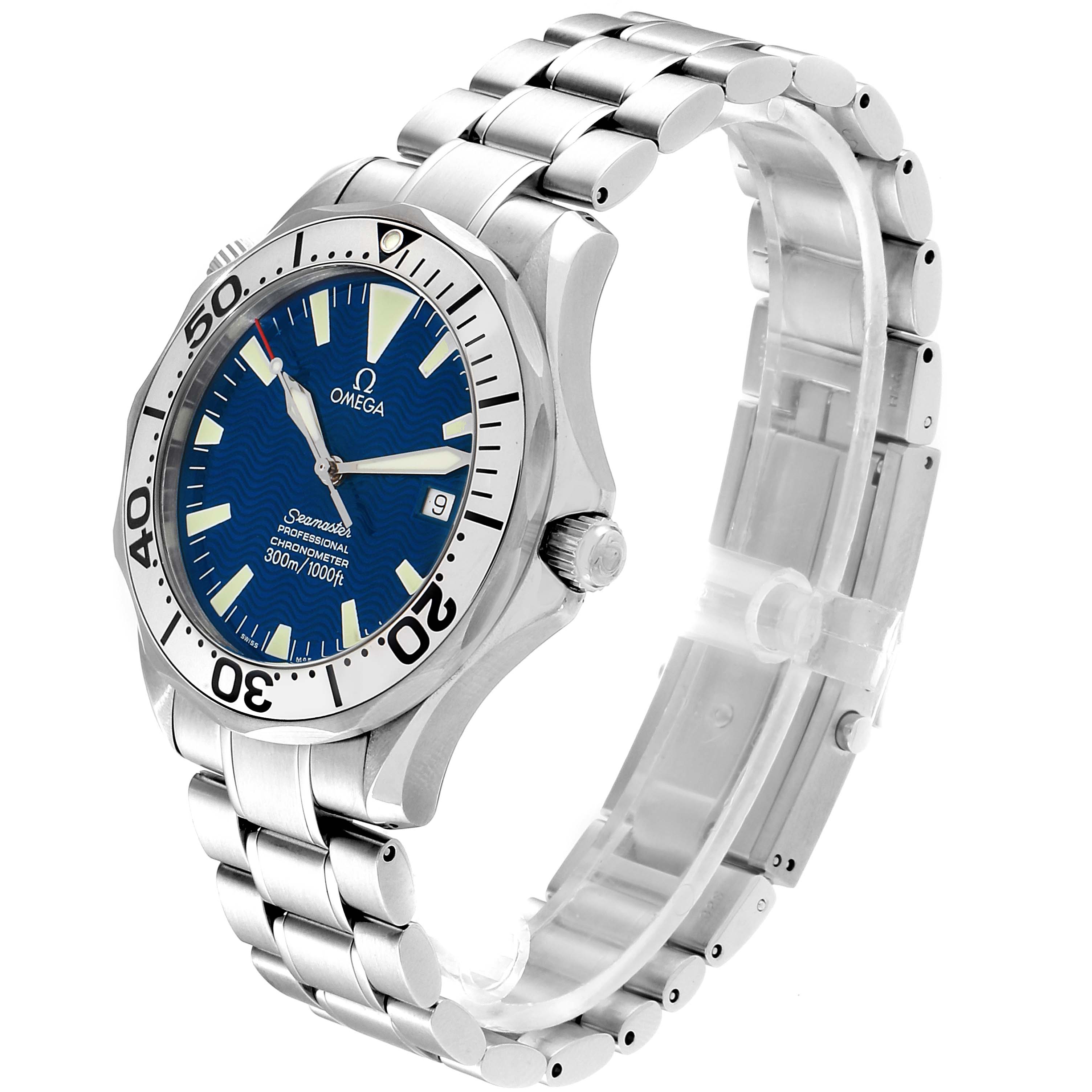 The image shows an Omega Seamaster 2255.80.00 Men
s Stainless Steel Blue Dial 2255.80.00 Men
s Stainless Steel Blue Dial watch at an off-angle view, displaying its face, bezel, crown, and stainless steel bracelet.