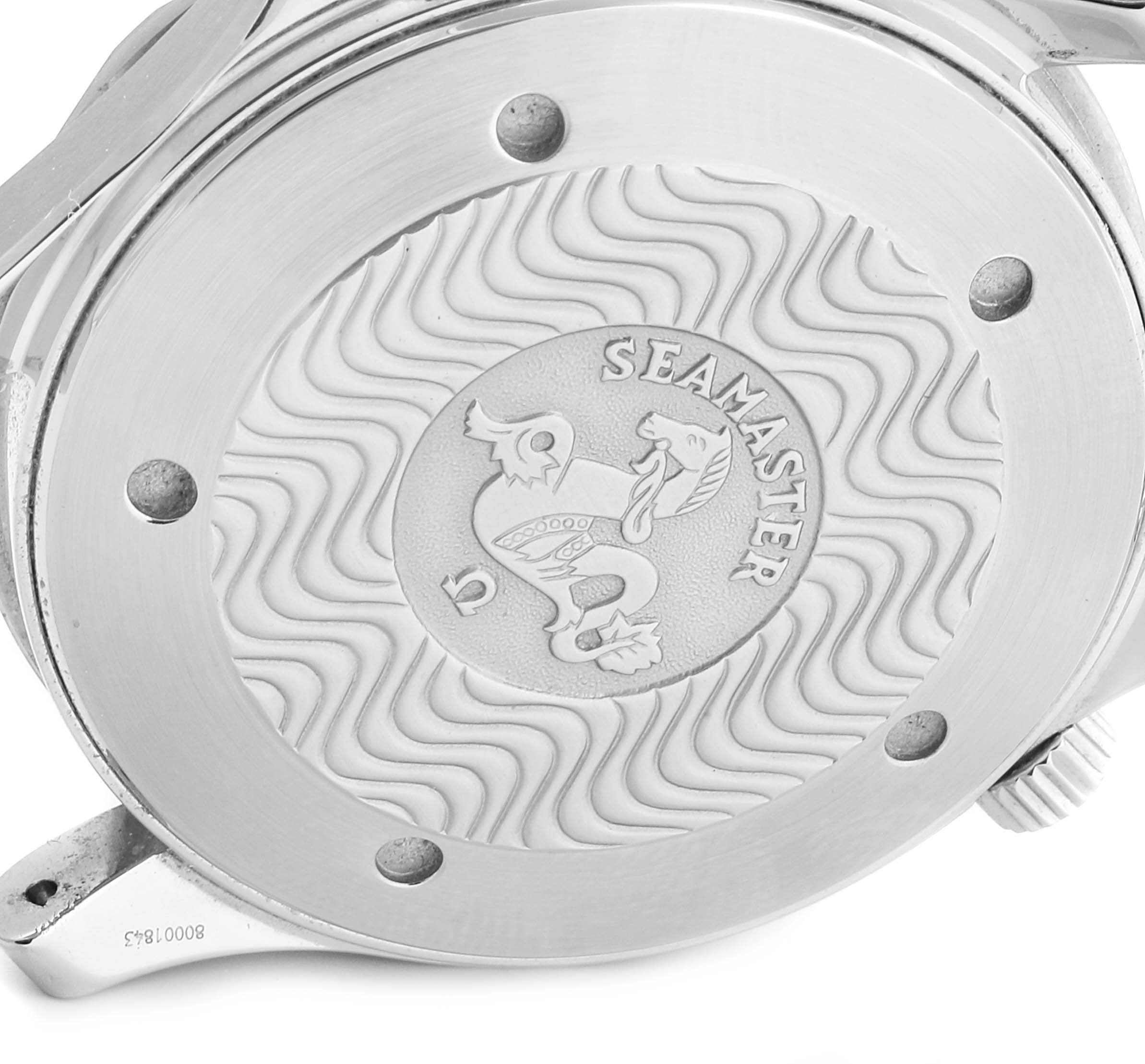 The image shows the case back of an Omega Seamaster 2255.80.00 Men
s Stainless Steel Blue Dial 2255.80.00 Men
s Stainless Steel Blue Dial watch, featuring an engraved design and the Seamaster logo.