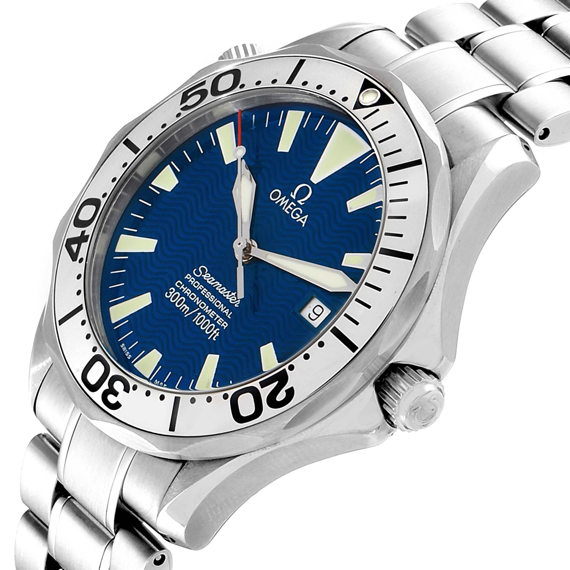 This Omega Seamaster 2255.80.00 Men
s Stainless Steel Blue Dial 2255.80.00 Men
s Stainless Steel Blue Dial watch is shown at a front angle, featuring the blue dial, bezel, crown, and stainless steel bracelet.