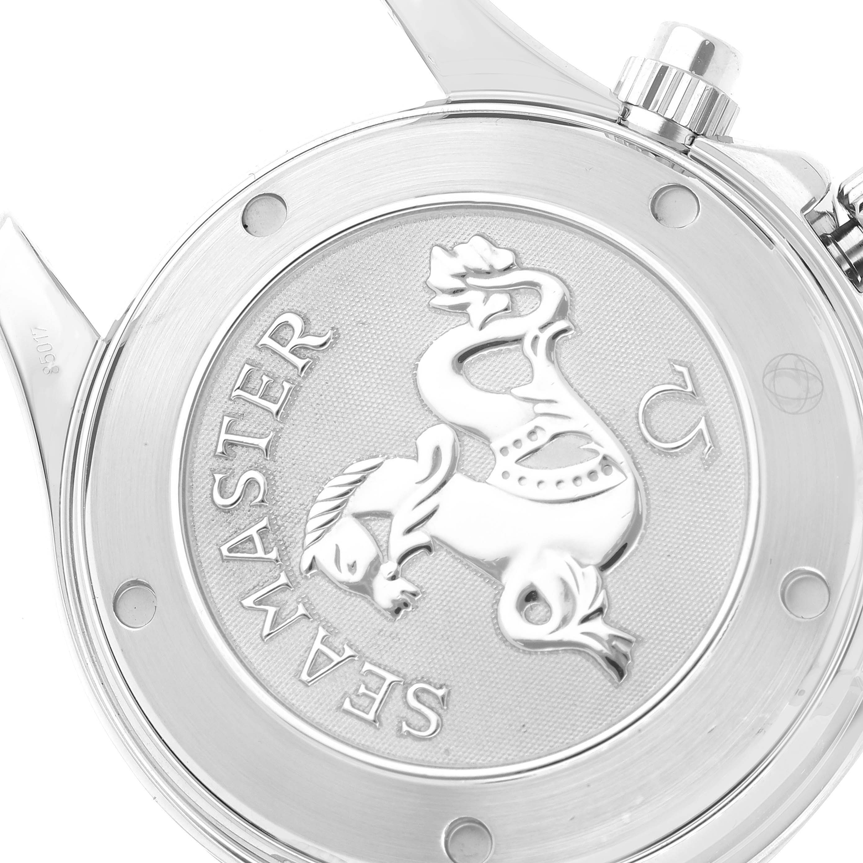 The image shows the engraved case back of an Omega Seamaster 2225.80.00 Men's Stainless Steel Blue Dial 2225.80.00 Men's Stainless Steel Blue Dial watch, viewed from a top-down angle.