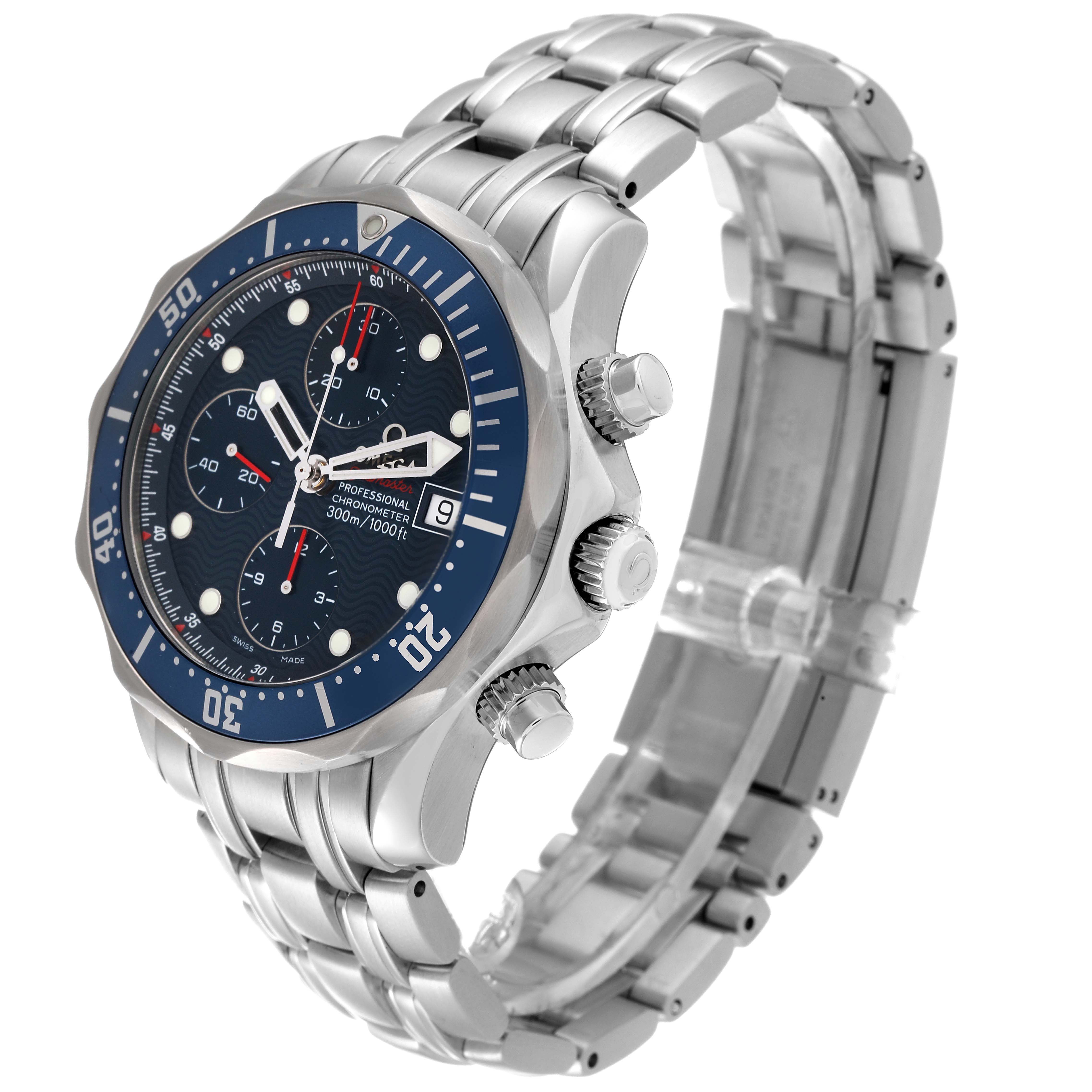 This image shows a side and angled view of the Omega Seamaster 2225.80.00 Men's Stainless Steel Blue Dial 2225.80.00 Men's Stainless Steel Blue Dial watch, highlighting its dial, bezel, bracelet, and crown.