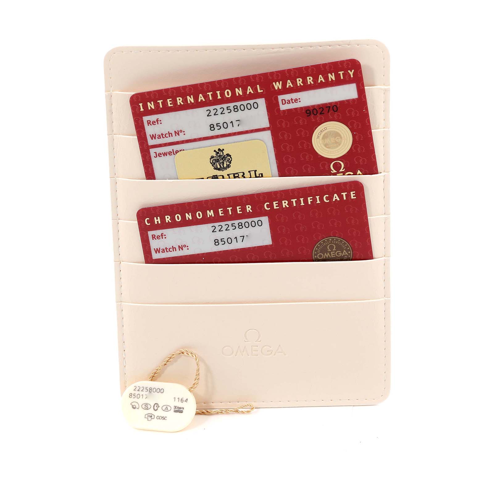 The image shows the International Warranty and Chronometer Certificate cards for the Omega Seamaster 2225.80.00 Men's Stainless Steel Blue Dial 2225.80.00 Men's Stainless Steel Blue Dial watch.