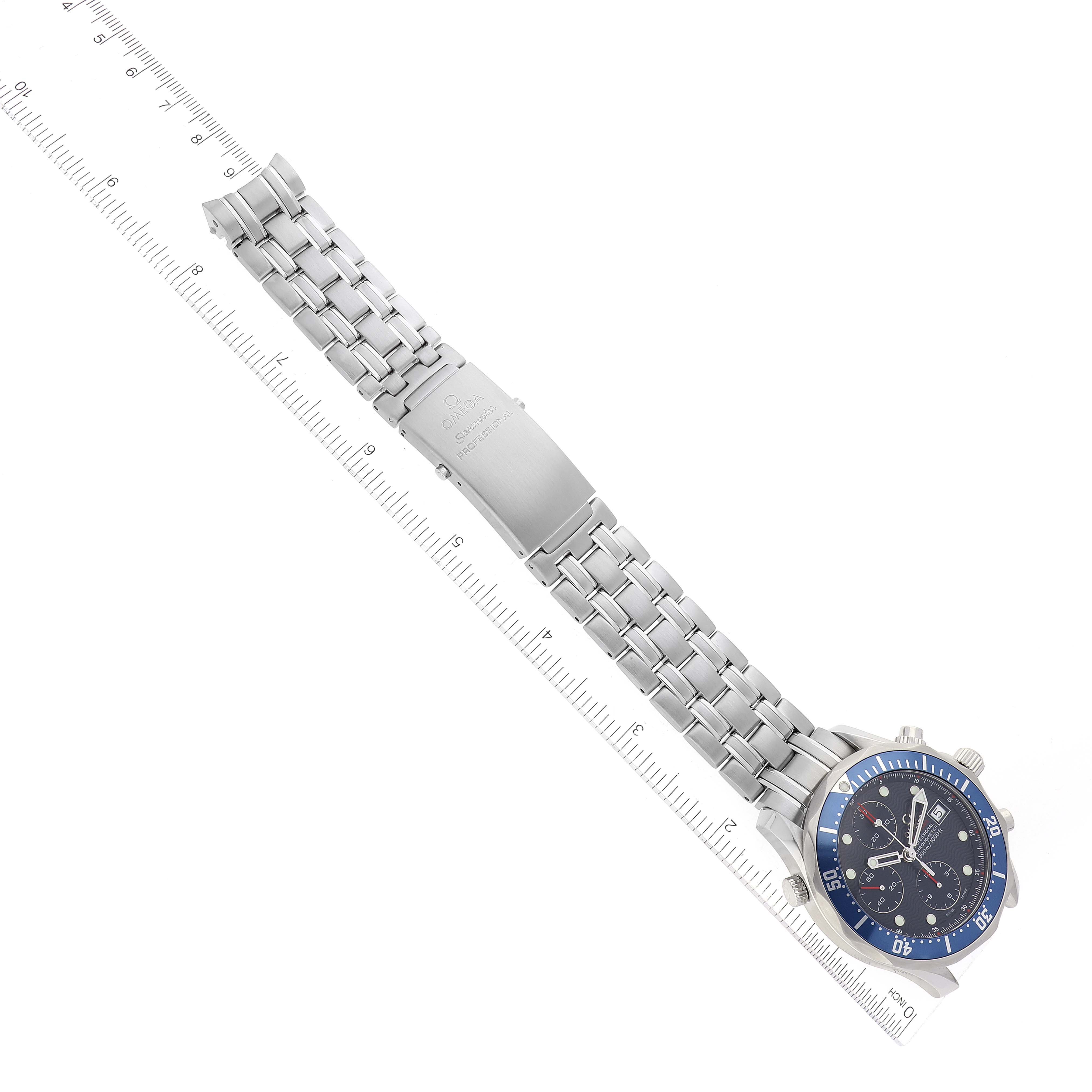 The Omega Seamaster 2225.80.00 Men's Stainless Steel Blue Dial 2225.80.00 Men's Stainless Steel Blue Dial watch is shown diagonally, displaying the full strap, clasp, and face.