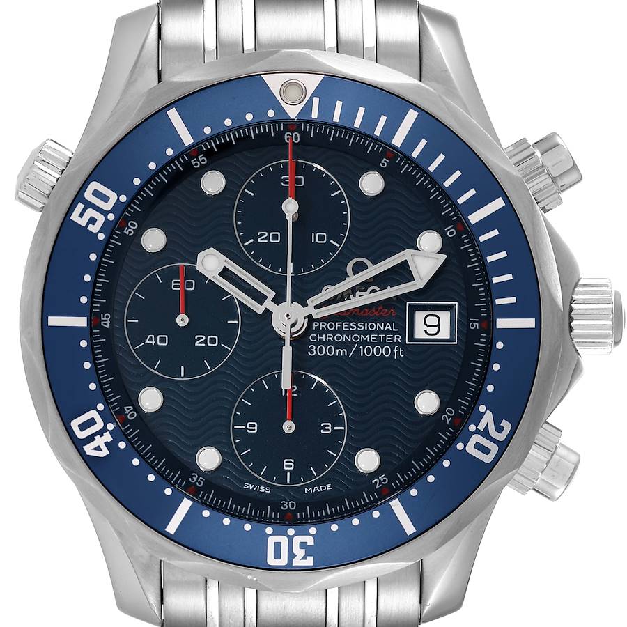 The image shows a front view of an Omega Seamaster watch, highlighting its dial, chronograph, bezel, and bracelet.