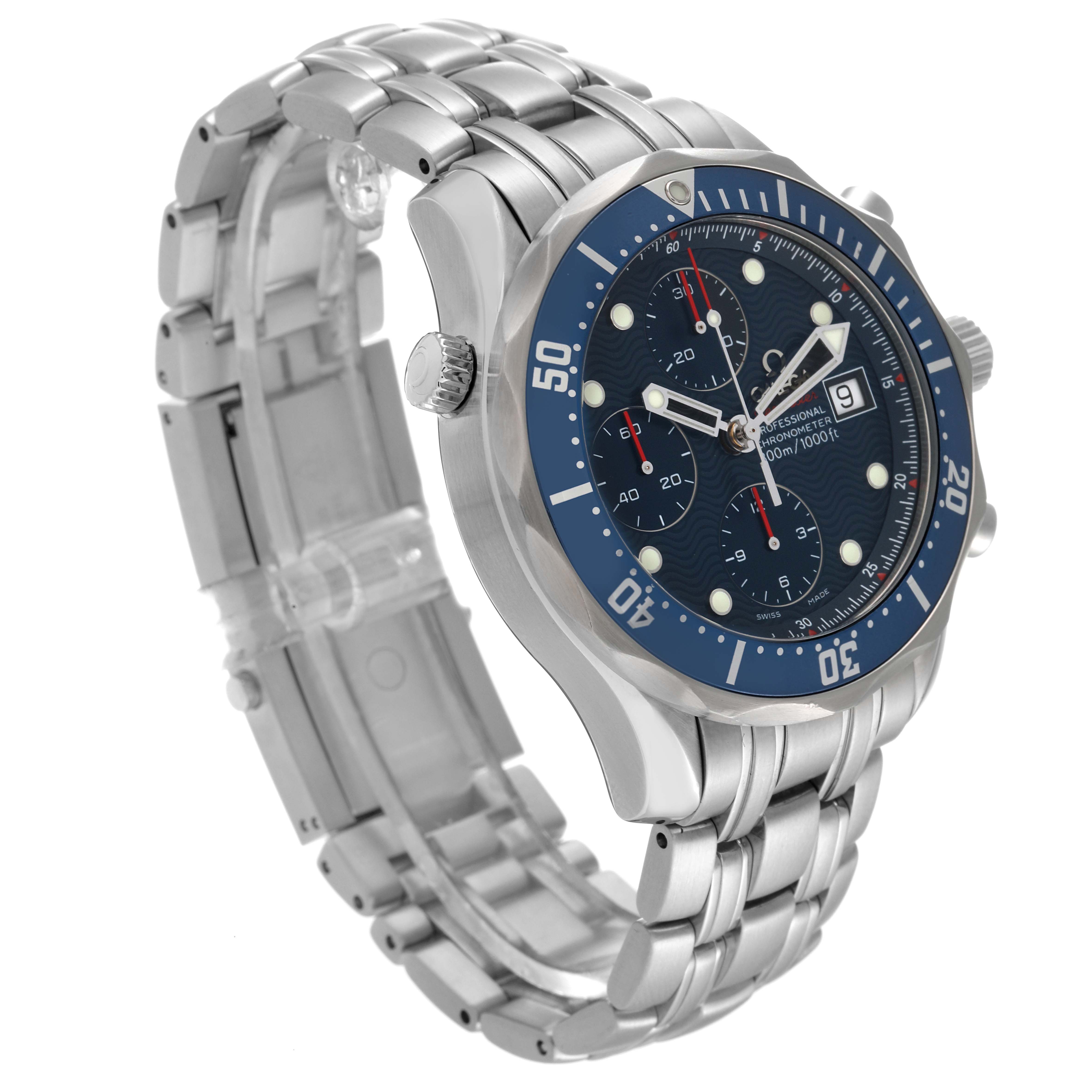 The Omega Seamaster 2225.80.00 Men's Stainless Steel Blue Dial 2225.80.00 Men's Stainless Steel Blue Dial watch is shown at an angled side view, displaying the dial, bezel, crown, and stainless steel bracelet.