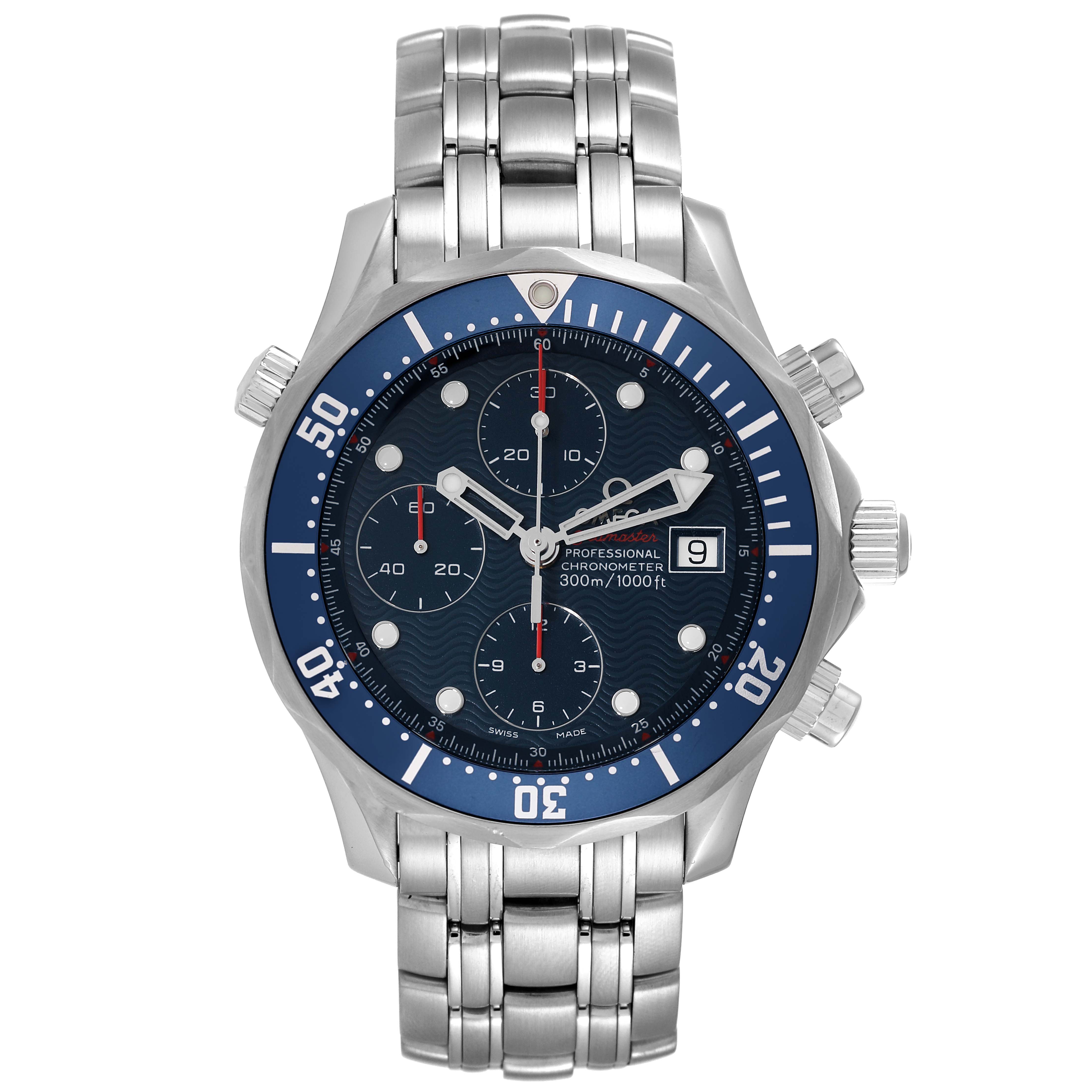 The Omega Seamaster 2225.80.00 Men's Stainless Steel Blue Dial 2225.80.00 Men's Stainless Steel Blue Dial watch is shown from the front, displaying the dial, bezel, pushers, crown, and stainless steel bracelet.