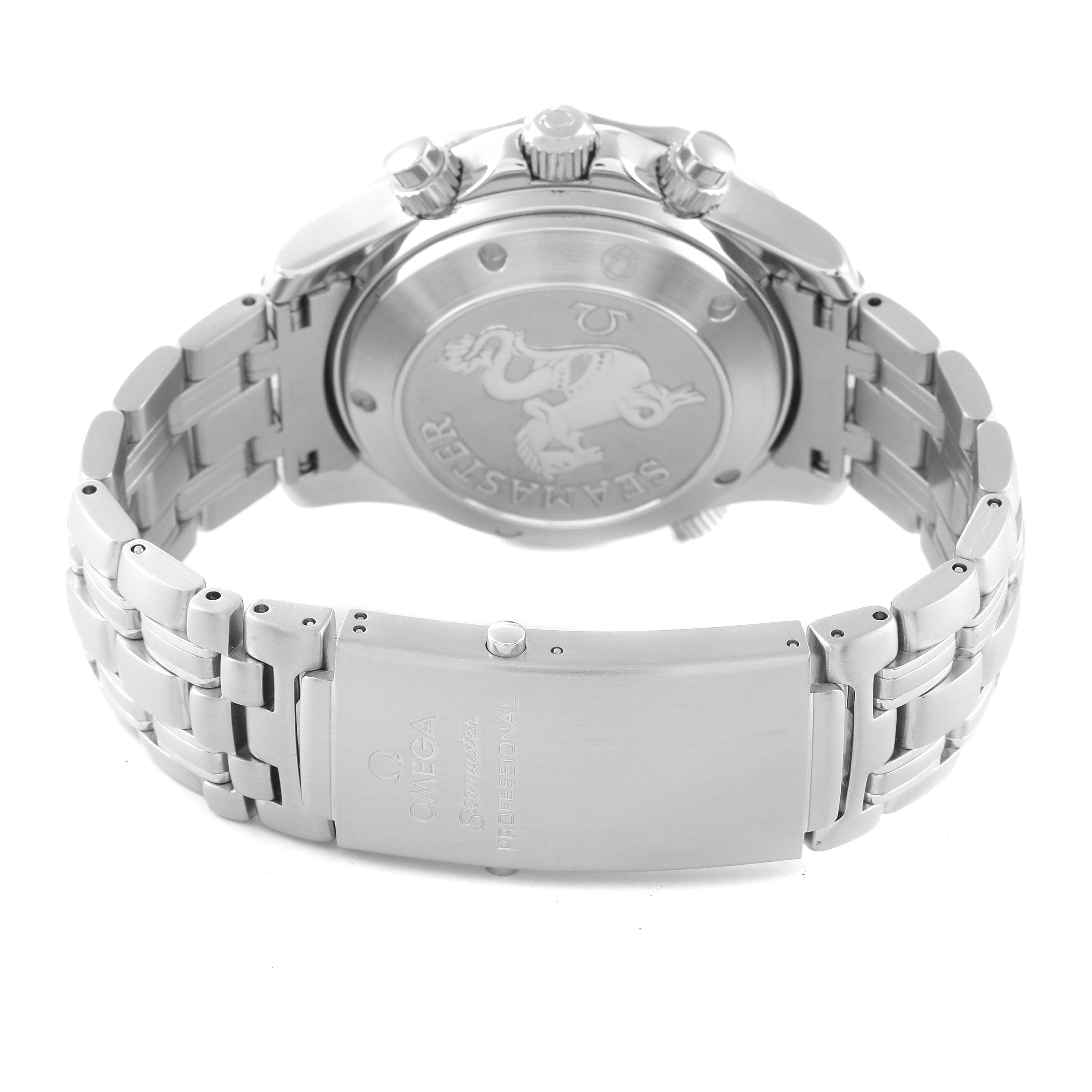 The image shows the backside and bracelet clasp of an Omega Seamaster 2225.80.00 Men's Stainless Steel Blue Dial 2225.80.00 Men's Stainless Steel Blue Dial watch from a rear angle.