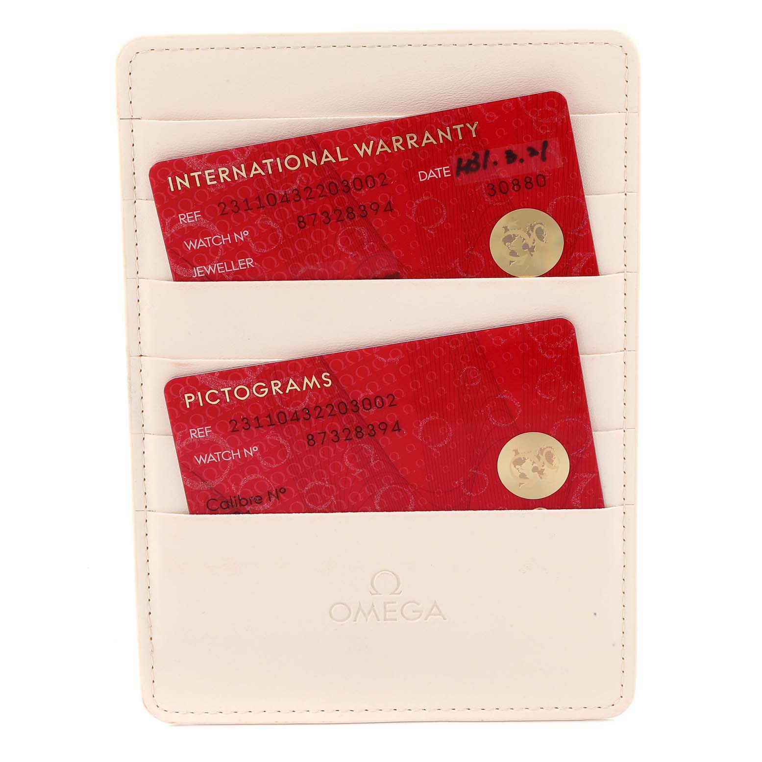The image shows two warranty cards for an Omega Seamaster 231.10.43.22.03.002 Men
s Stainless Steel Blue Dial 231.10.43.22.03.002 Men
s Stainless Steel Blue Dial watch in a white cardholder.