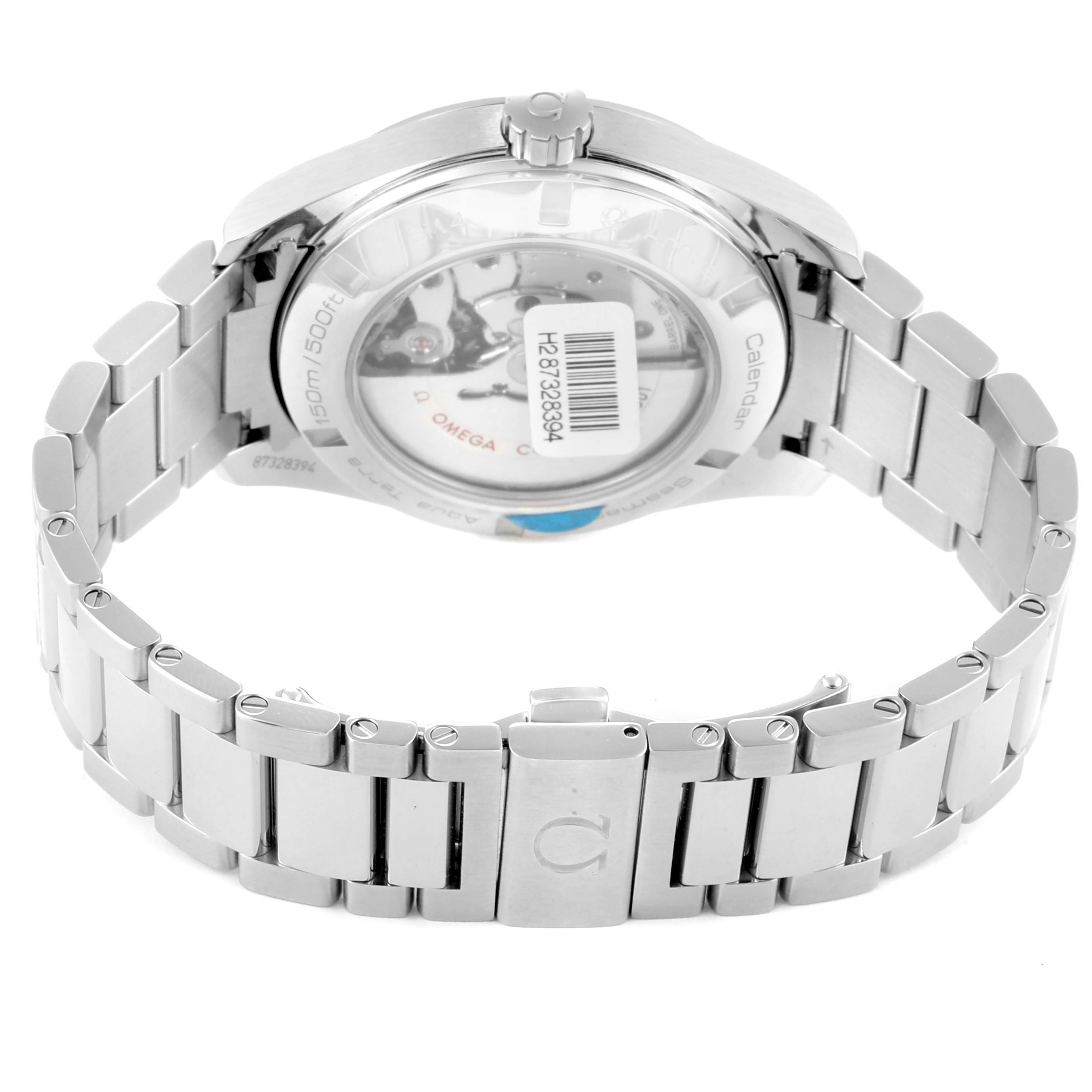 The image shows the back view of the Omega Seamaster 231.10.43.22.03.002 Men
s Stainless Steel Blue Dial 231.10.43.22.03.002 Men
s Stainless Steel Blue Dial watch, highlighting the back case and stainless steel bracelet.