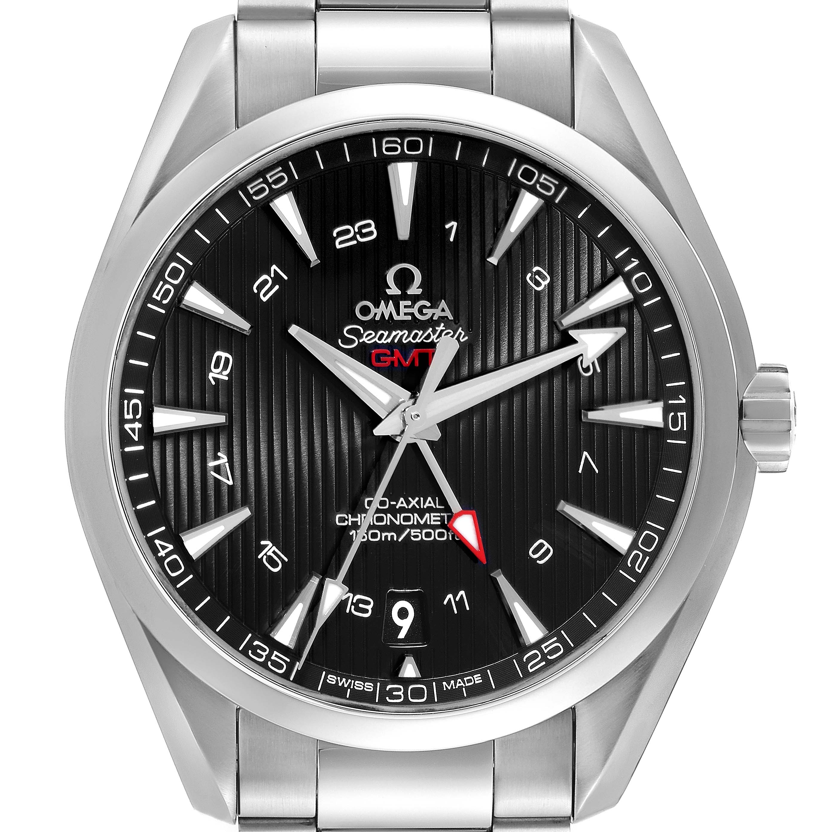 The image shows a frontal view of the Omega Aqua Terra 231.10.43.22.01.001 Men's Stainless Steel Black Dial 231.10.43.22.01.001 Men's Stainless Steel Black Dial Seamaster GMT watch, highlighting the dial and bracelet.