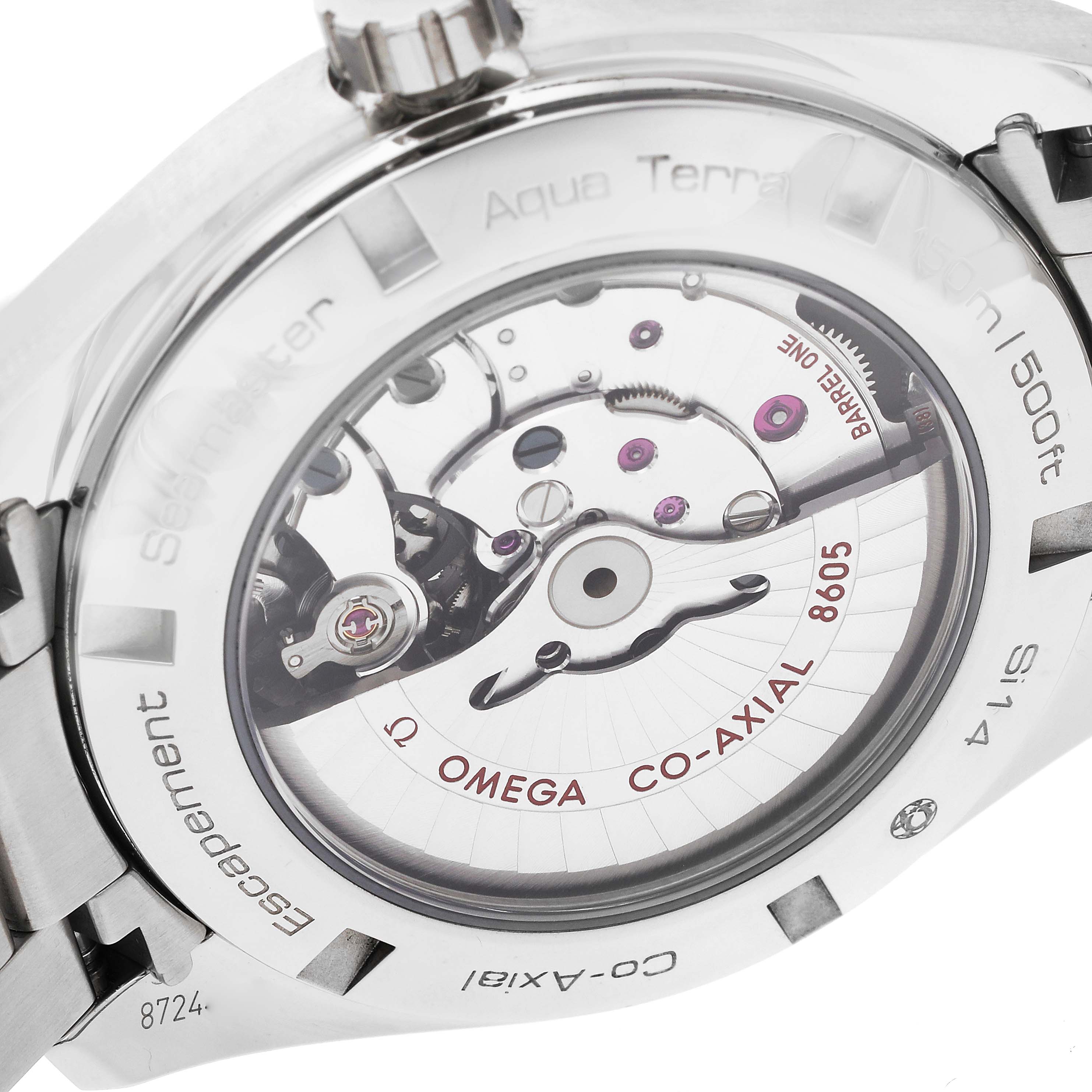 The image shows the back view of an Omega Aqua Terra 231.10.43.22.01.001 Men's Stainless Steel Black Dial 231.10.43.22.01.001 Men's Stainless Steel Black Dial watch, revealing its internal Co-Axial 8505 movement.