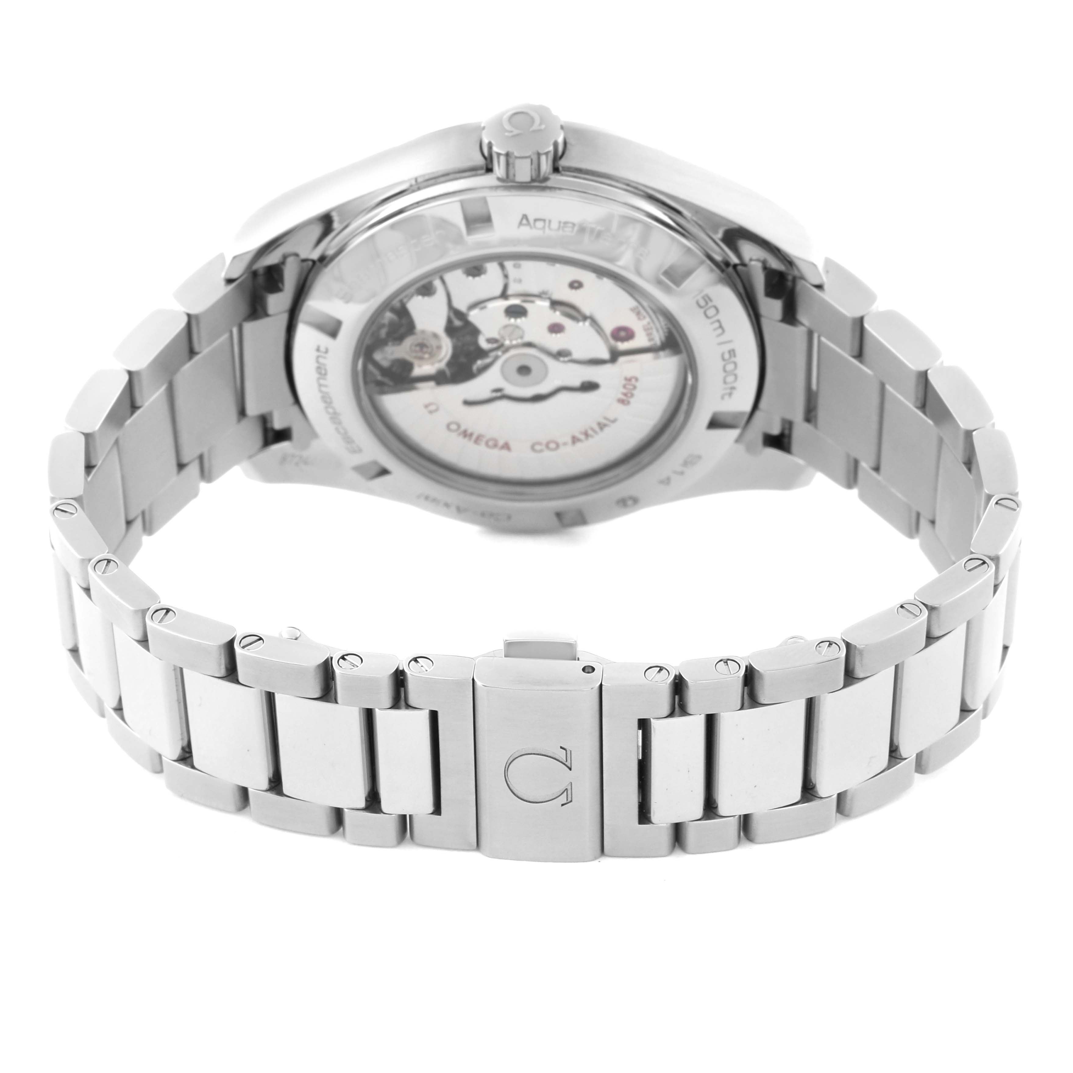 The image shows the back and bracelet of an Omega Aqua Terra 231.10.43.22.01.001 Men's Stainless Steel Black Dial 231.10.43.22.01.001 Men's Stainless Steel Black Dial watch, highlighting its stainless steel construction and transparent case back.