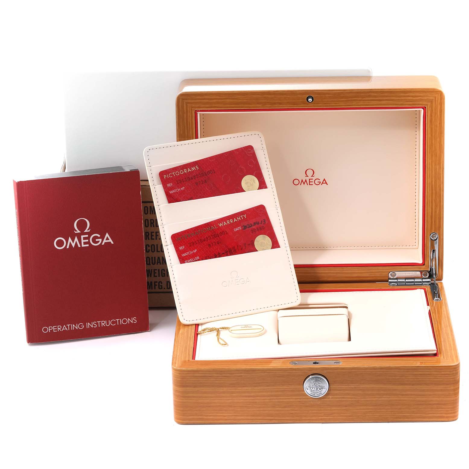 The image shows an Omega Aqua Terra 231.10.43.22.01.001 Men's Stainless Steel Black Dial 231.10.43.22.01.001 Men's Stainless Steel Black Dial watch box, instruction booklet, warranty cards, and accessories from a front angle.