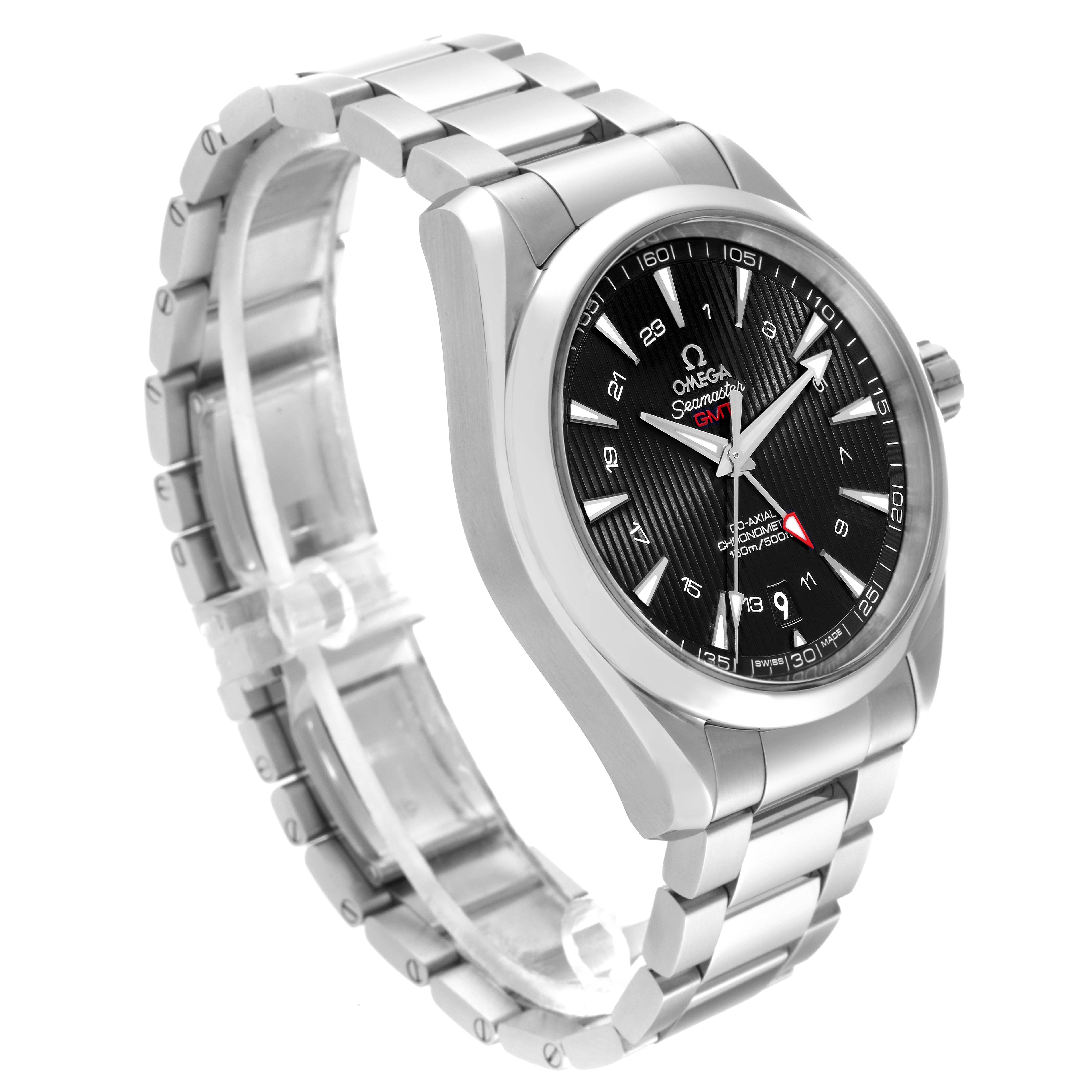 The image shows an Omega Aqua Terra 231.10.43.22.01.001 Men's Stainless Steel Black Dial 231.10.43.22.01.001 Men's Stainless Steel Black Dial watch at a three-quarter angle, highlighting the face, bracelet, and case.