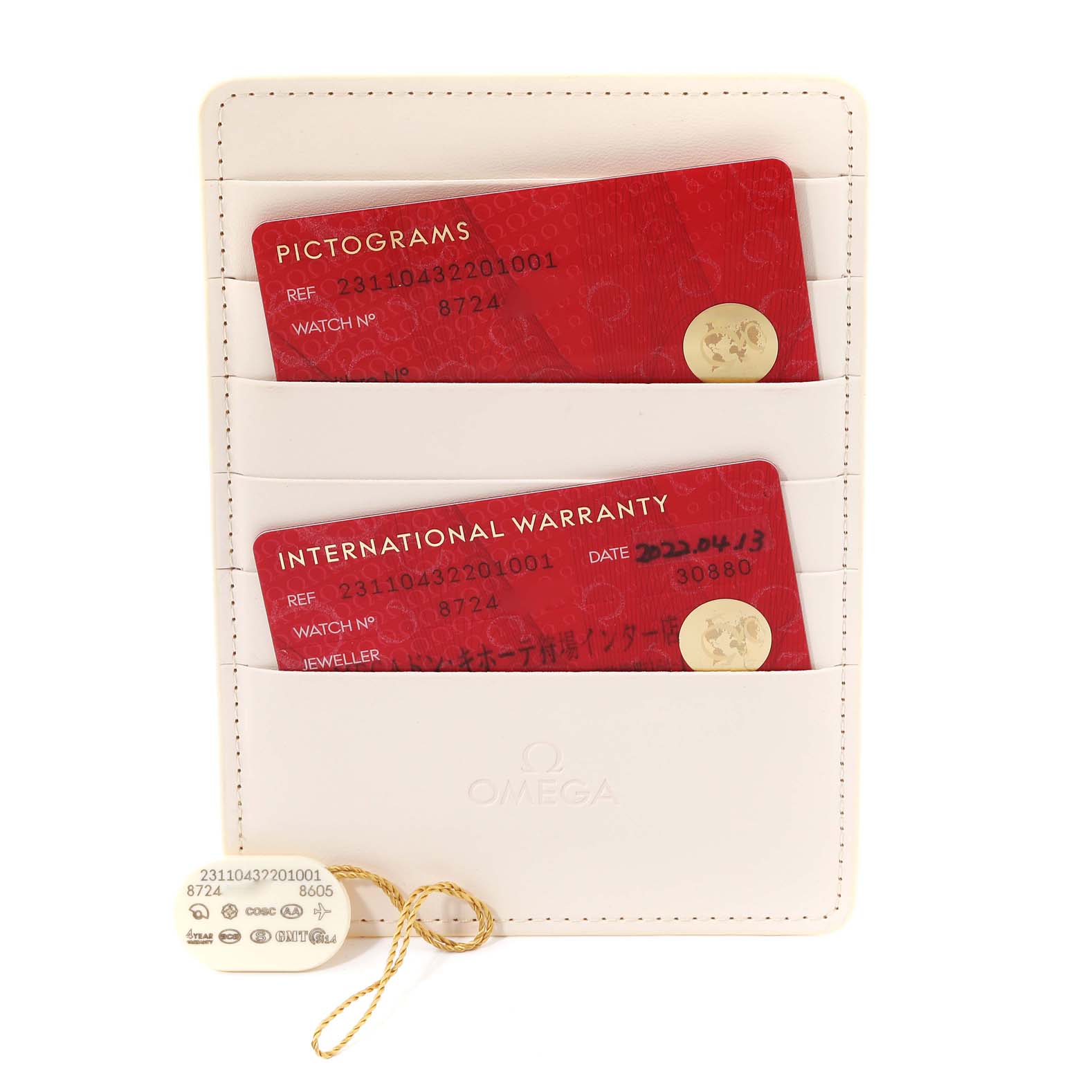 The image shows warranty cards and tags for the Omega Aqua Terra 231.10.43.22.01.001 Men's Stainless Steel Black Dial 231.10.43.22.01.001 Men's Stainless Steel Black Dial watch, displayed in an Omega-branded holder.