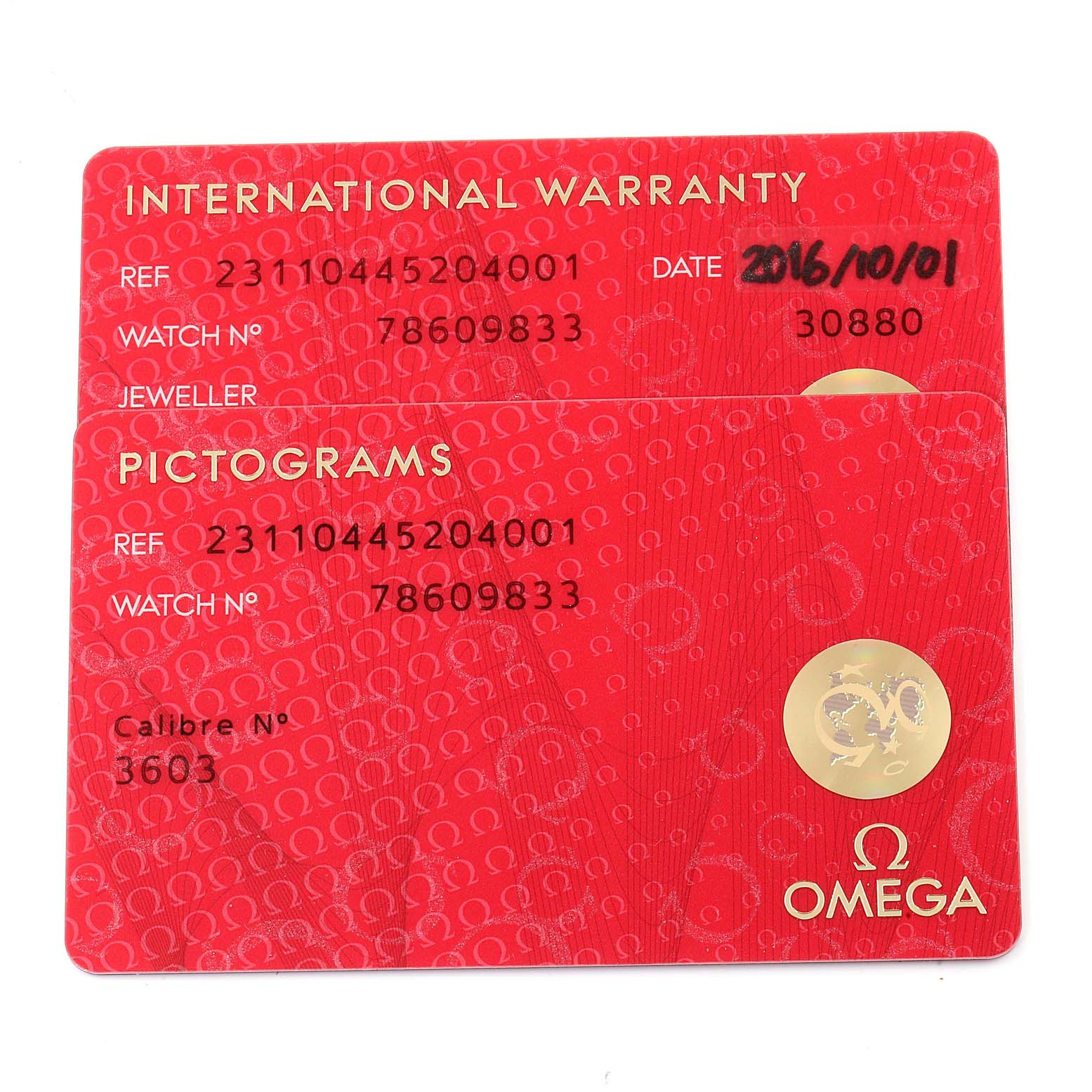 The image shows the international warranty and pictograms cards for an Omega Aqua Terra 231.10.44.52.04.001 Men
s Stainless Steel White Dial 231.10.44.52.04.001 Men
s Stainless Steel White Dial model watch.