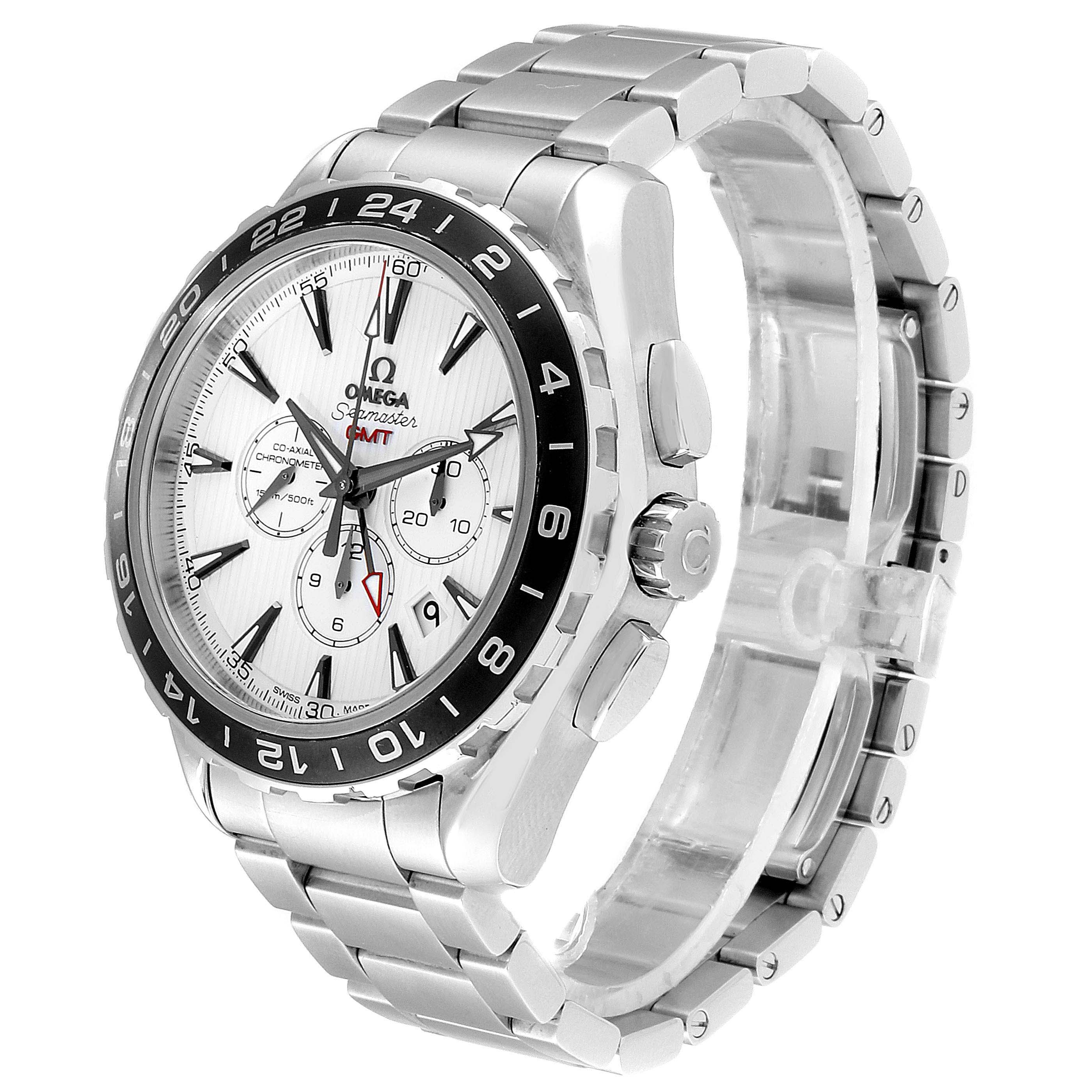 The image shows a side and front angle of an Omega Aqua Terra 231.10.44.52.04.001 Men
s Stainless Steel White Dial 231.10.44.52.04.001 Men
s Stainless Steel White Dial watch, highlighting its face, bezel, crown, and stainless steel bracelet.