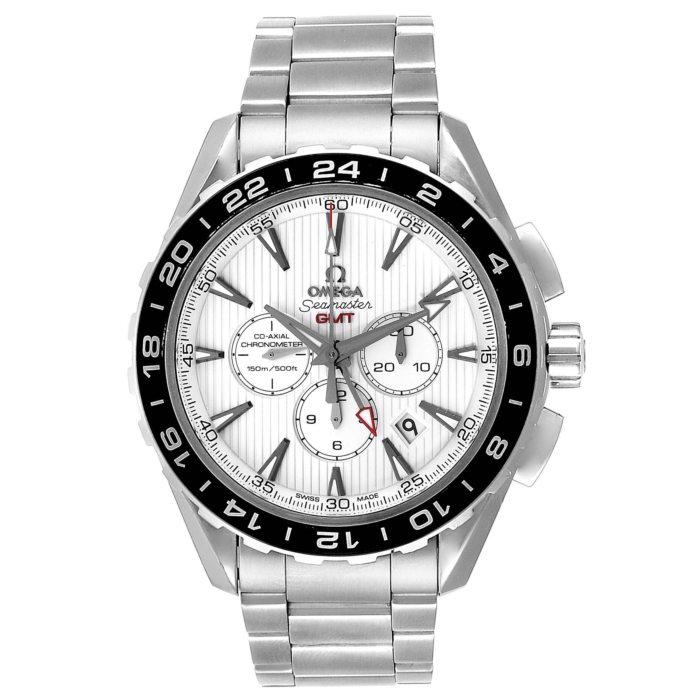 This is a front view of the Omega Aqua Terra 231.10.44.52.04.001 Men
s Stainless Steel White Dial 231.10.44.52.04.001 Men
s Stainless Steel White Dial Seamaster watch, showing the dial, bezel, and stainless steel bracelet.